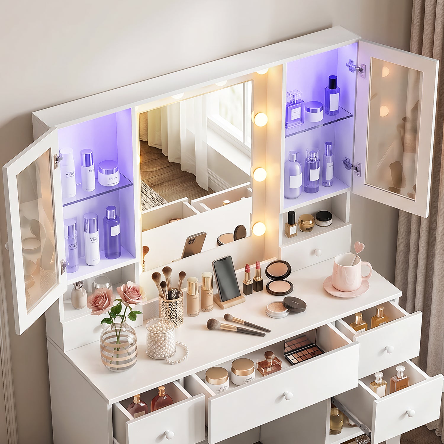 OYAJIA Vanity Dressing Table with Mirror, LED Lights, Charging Station, 7 Drawers and 4 Glass Cabinets