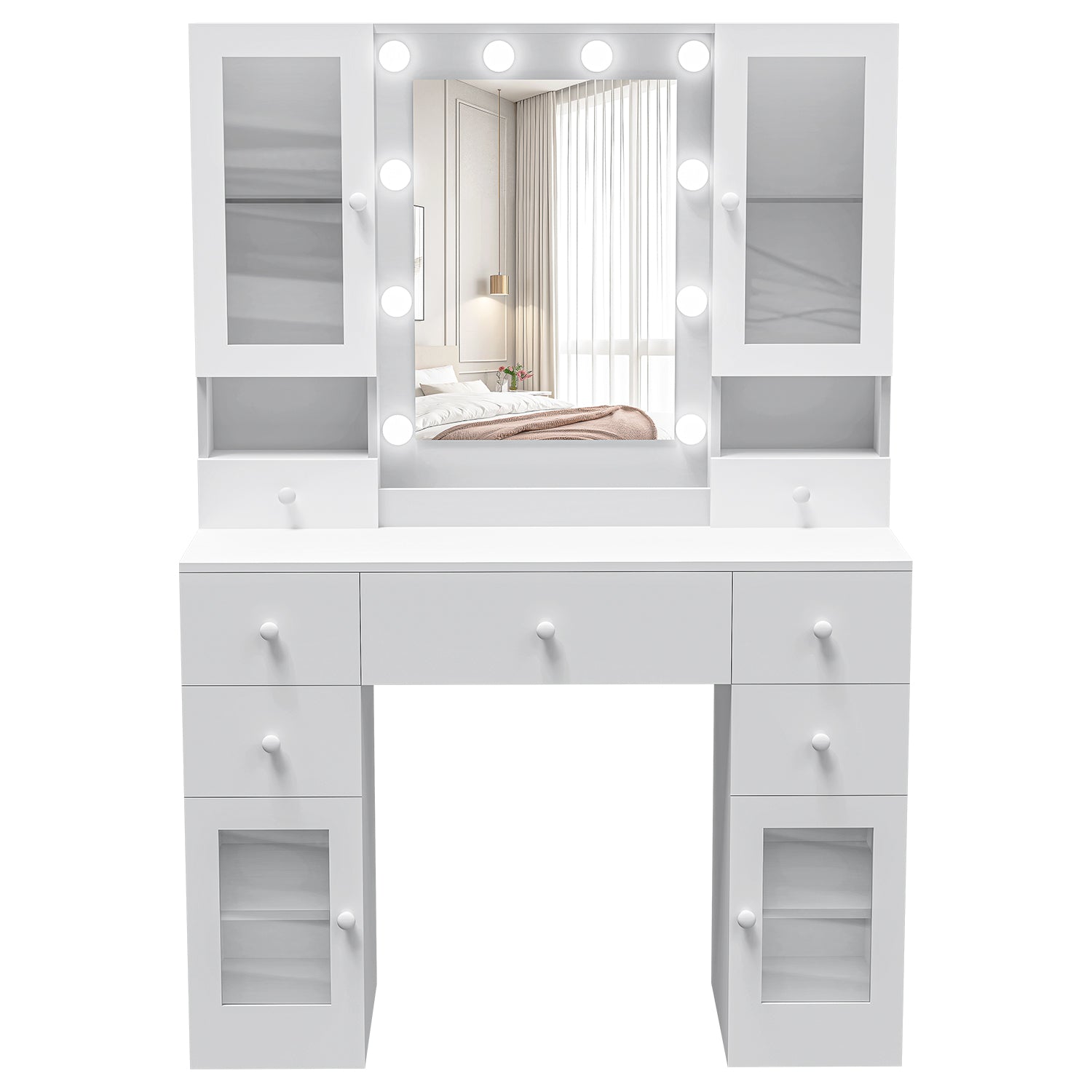 OYAJIA Vanity Dressing Table with Mirror, LED Lights, Charging Station, 7 Drawers and 4 Glass Cabinets