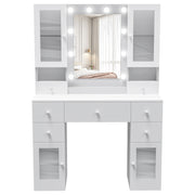OYAJIA Vanity Dressing Table with Mirror, LED Lights, Charging Station, 7 Drawers and 4 Glass Cabinets