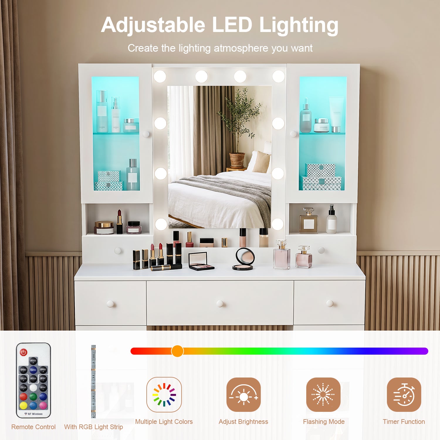 OYAJIA Vanity Dressing Table with Mirror, LED Lights, Charging Station, 7 Drawers and 4 Glass Cabinets