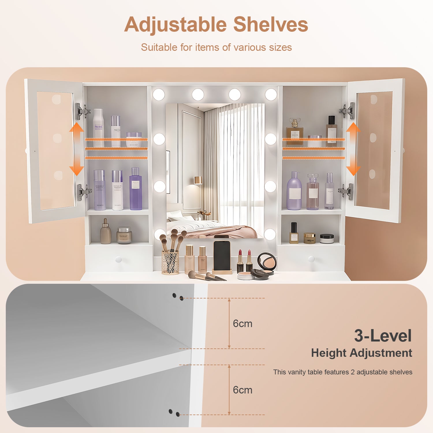 OYAJIA Vanity Dressing Table with Mirror, LED Lights, Charging Station, 7 Drawers and 4 Glass Cabinets