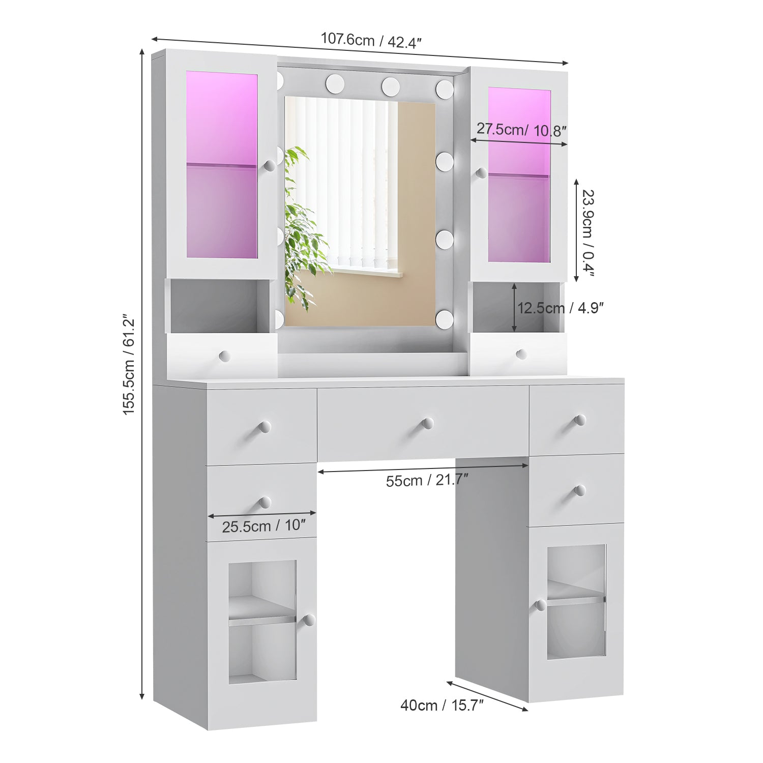 OYAJIA Vanity Dressing Table with Mirror, LED Lights, Charging Station, 7 Drawers and 4 Glass Cabinets