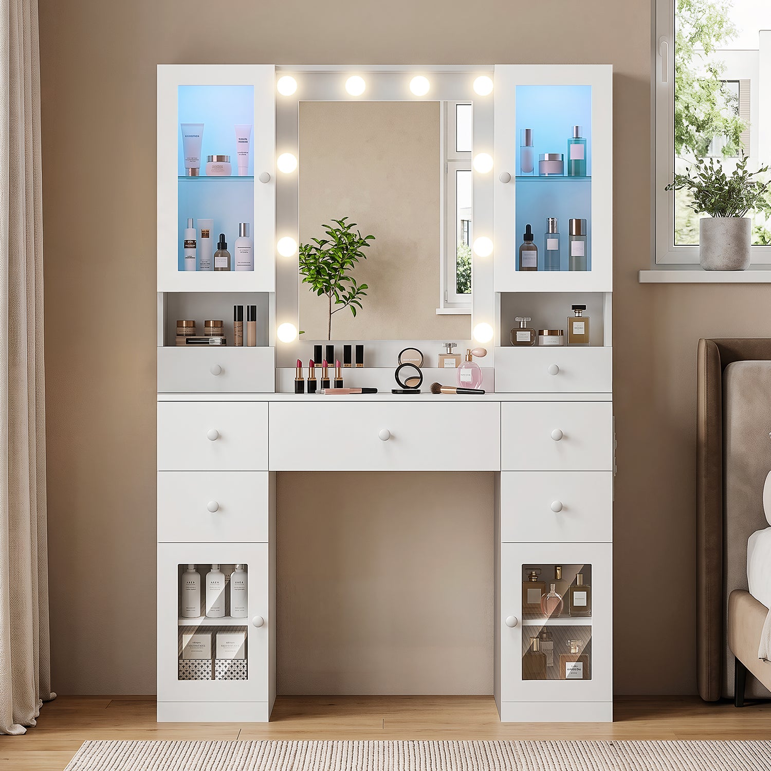 OYAJIA Vanity Dressing Table with Mirror, LED Lights, Charging Station, 7 Drawers and 4 Glass Cabinets
