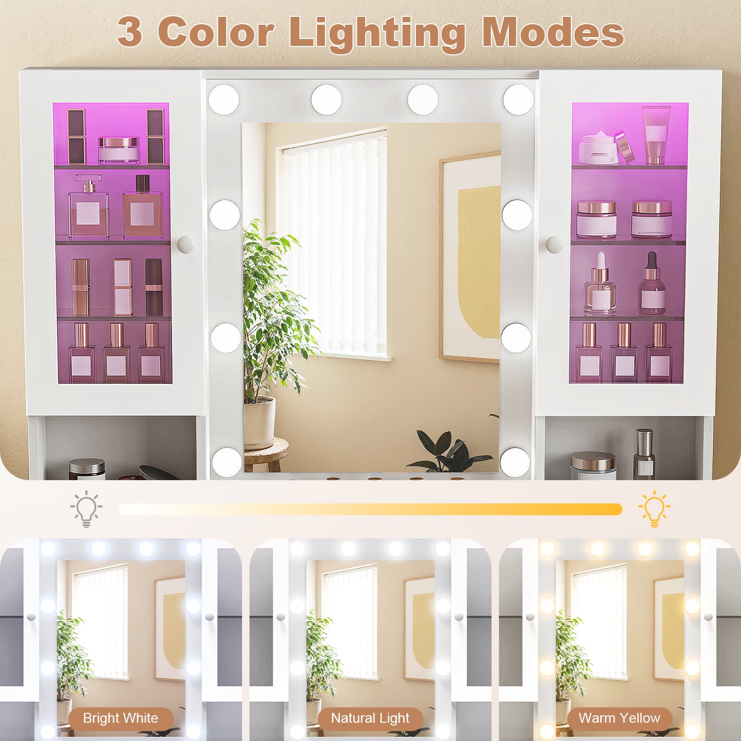 OYAJIA Vanity Dressing Table with Mirror, LED Lights, Charging Station, 7 Drawers and 4 Glass Cabinets