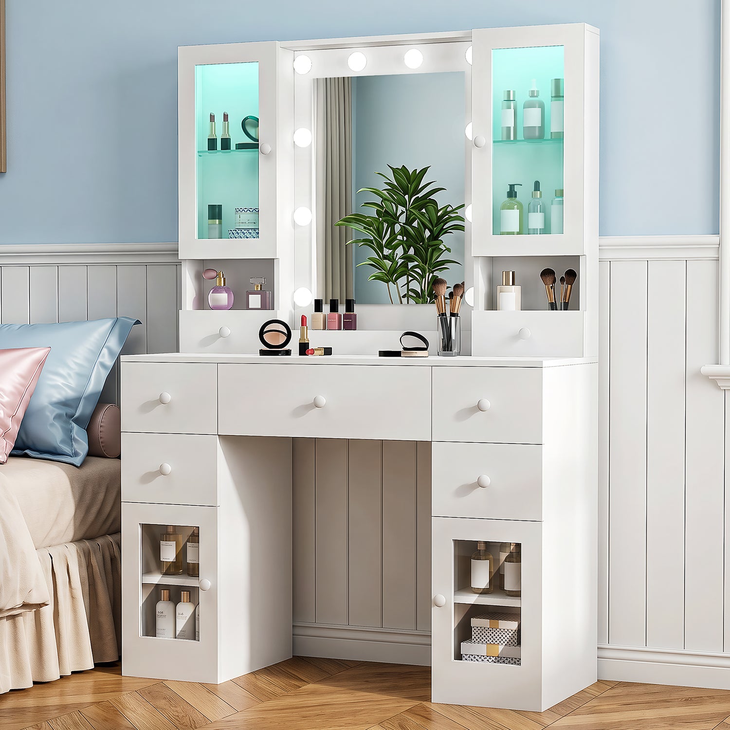 OYAJIA Vanity Dressing Table with Mirror, LED Lights, Charging Station, 7 Drawers and 4 Glass Cabinets