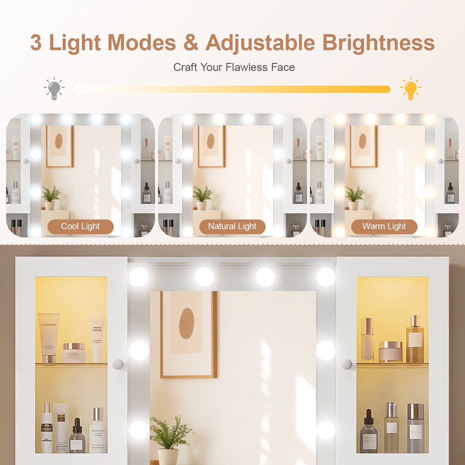 OYAJIA Vanity Dressing Table with Mirror, LED Lights, Charging Station, 7 Drawers and 4 Glass Cabinets