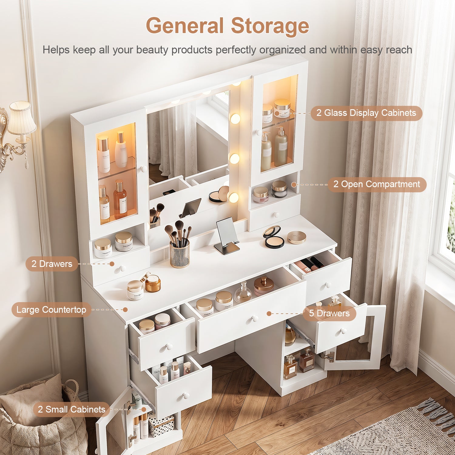 OYAJIA Vanity Dressing Table with Mirror, LED Lights, Charging Station, 7 Drawers and 4 Glass Cabinets