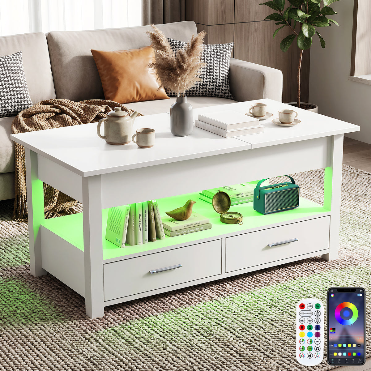 OYAJIA Modern LED Lift-Top Coffee Table with 2 Drawers, Open Storage and App Control