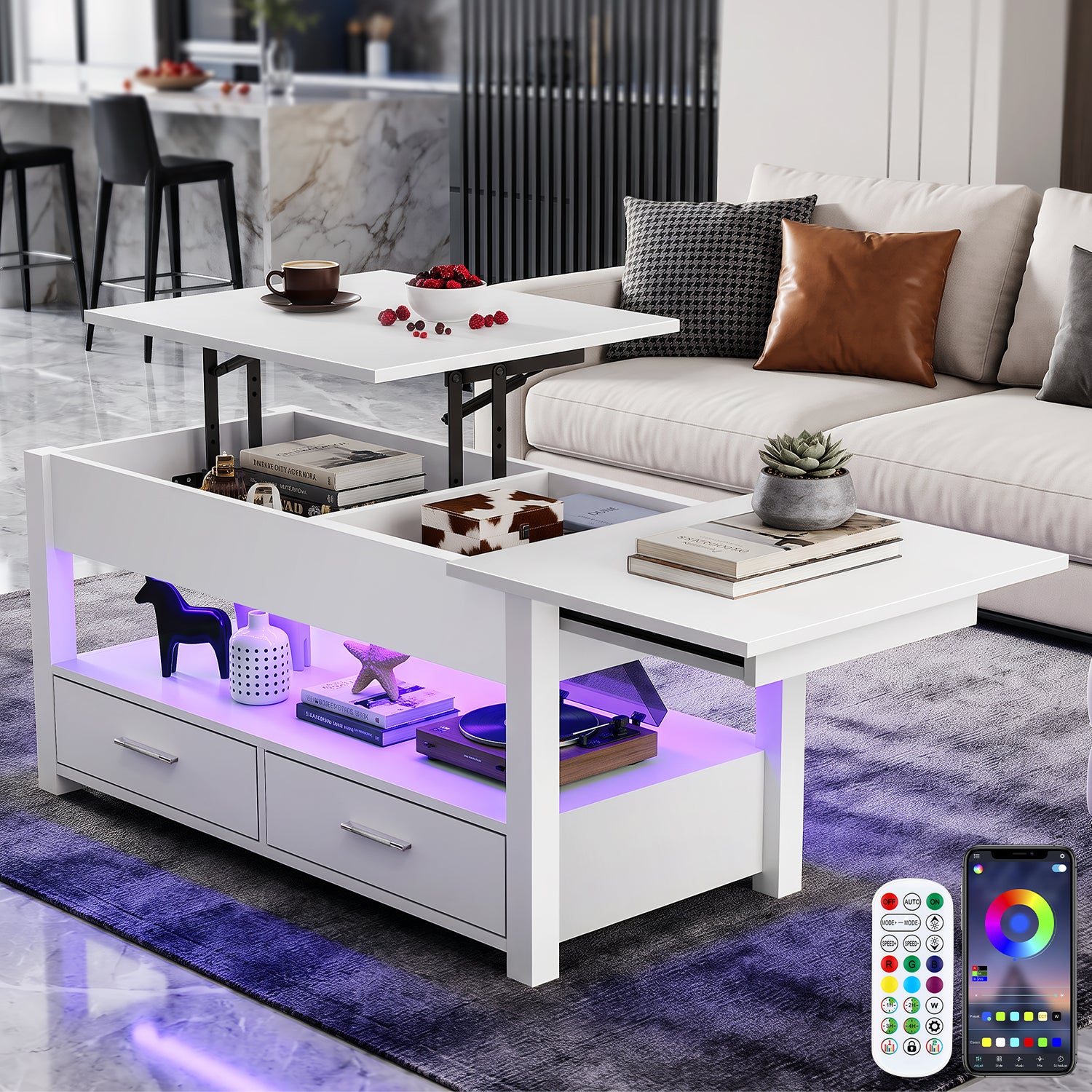 OYAJIA Modern LED Lift-Top Coffee Table with 2 Drawers, Open Storage and App Control