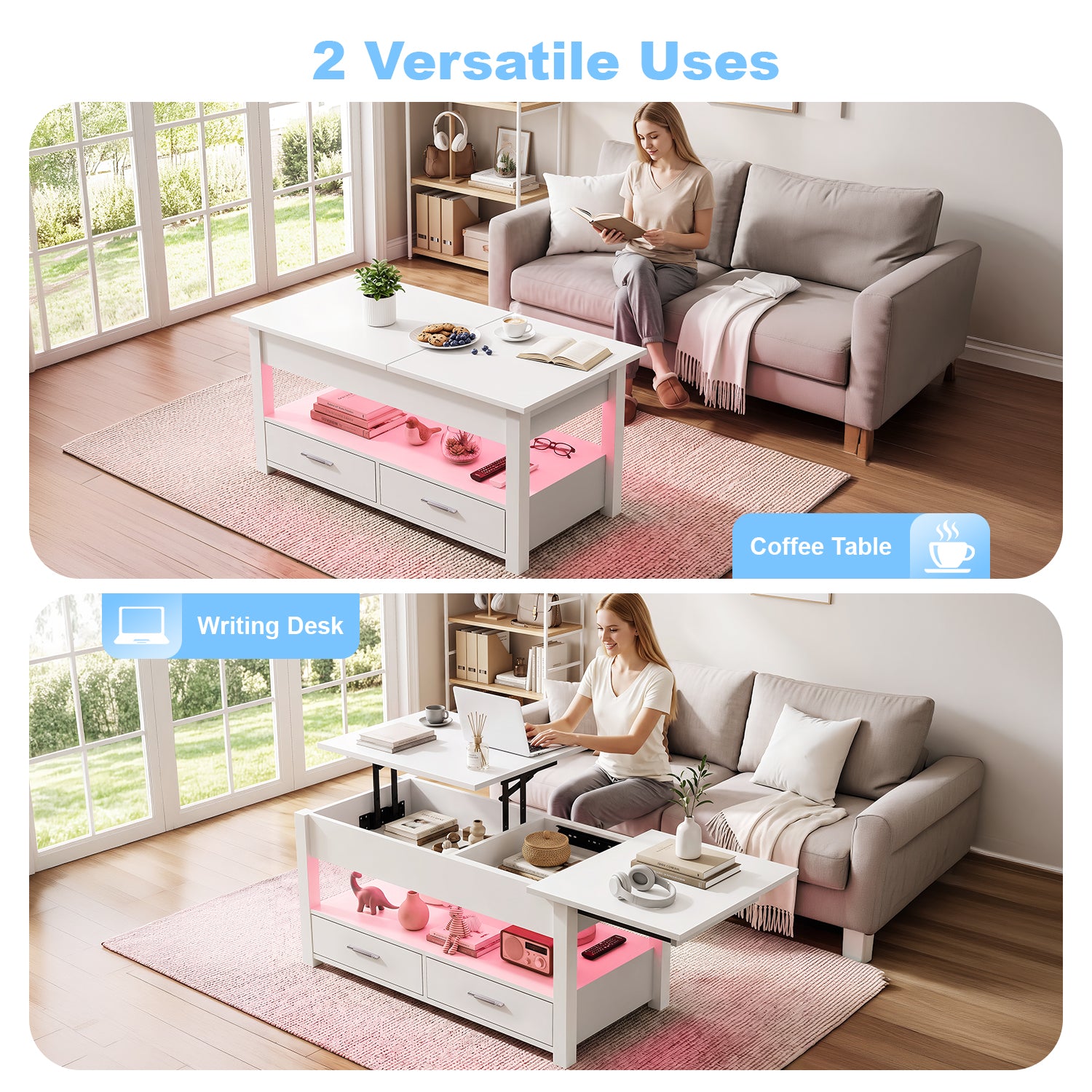 OYAJIA Modern LED Lift-Top Coffee Table with 2 Drawers, Open Storage and App Control