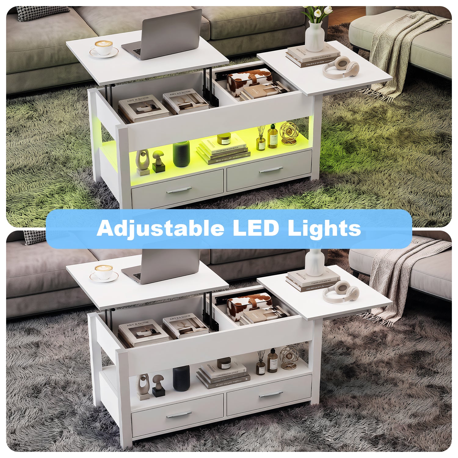 OYAJIA Modern LED Lift-Top Coffee Table with 2 Drawers, Open Storage and App Control