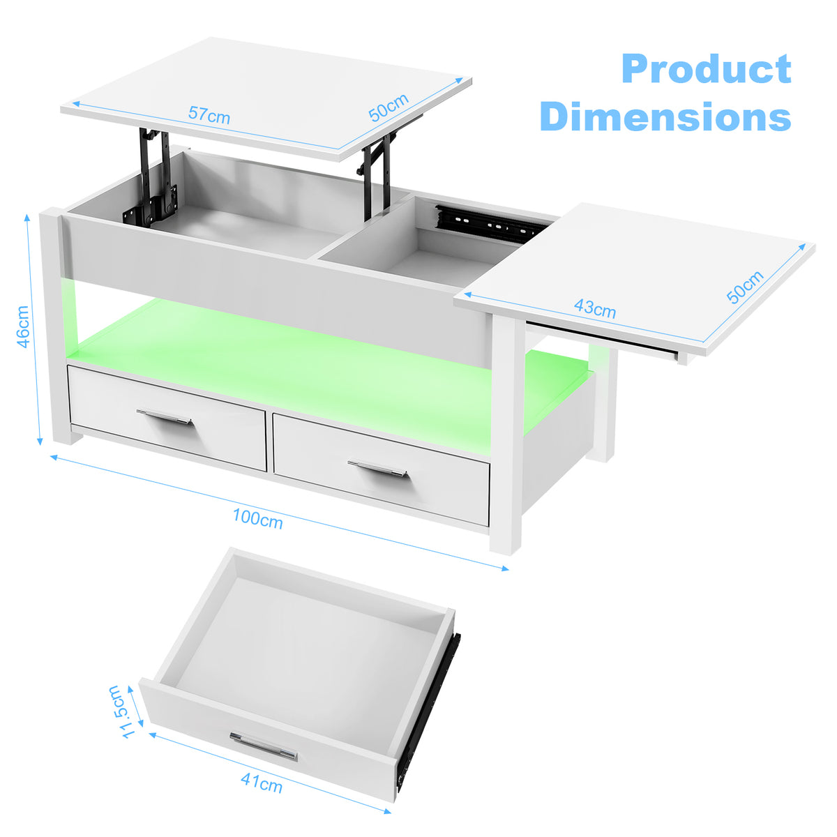 OYAJIA Modern LED Lift-Top Coffee Table with 2 Drawers, Open Storage and App Control