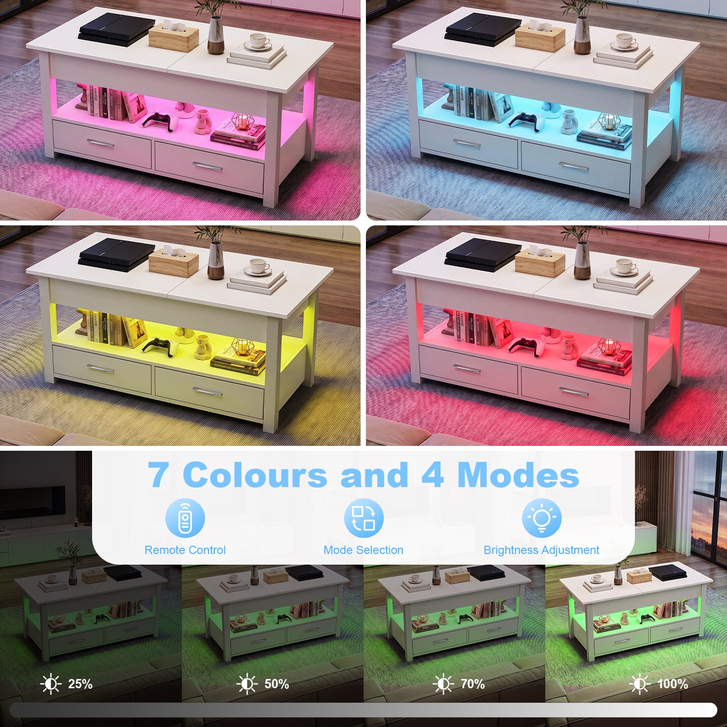 OYAJIA Modern LED Lift-Top Coffee Table with 2 Drawers, Open Storage and App Control