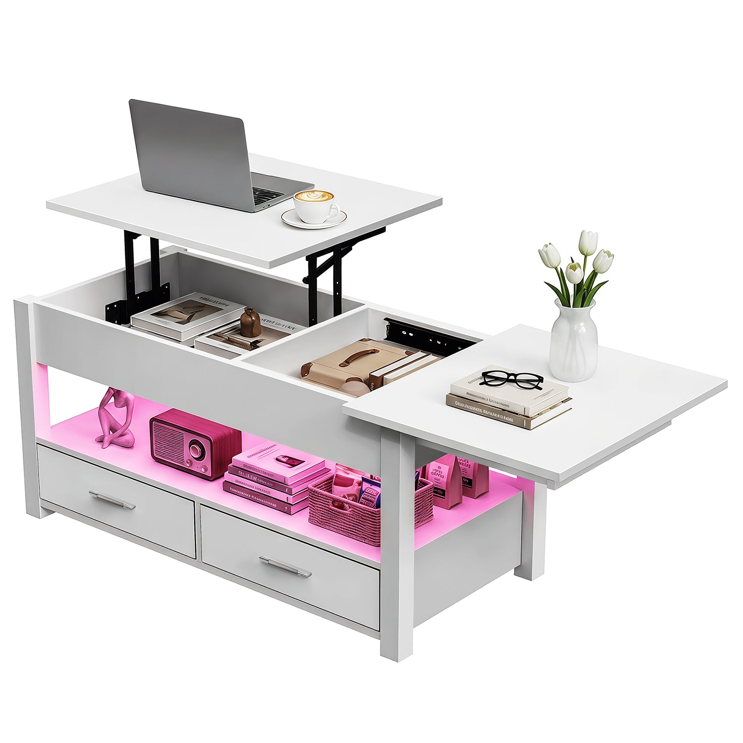 OYAJIA Modern LED Lift-Top Coffee Table with 2 Drawers, Open Storage and App Control
