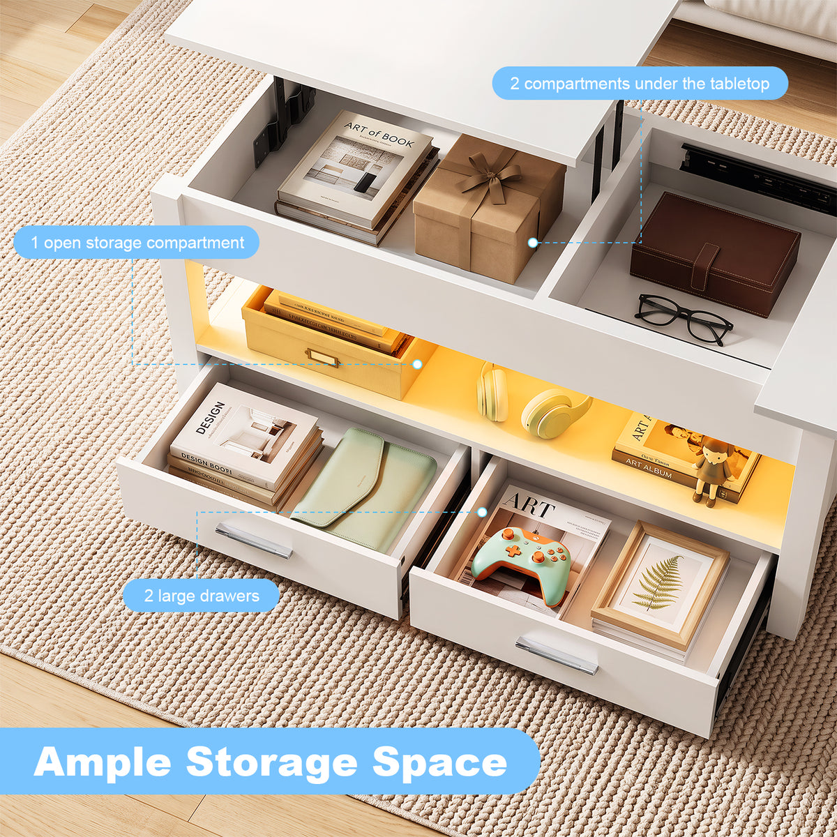 OYAJIA Modern LED Lift-Top Coffee Table with 2 Drawers, Open Storage and App Control