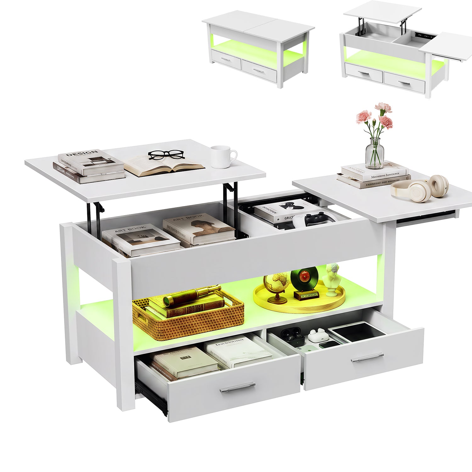 OYAJIA Modern LED Lift-Top Coffee Table with 2 Drawers, Open Storage and App Control