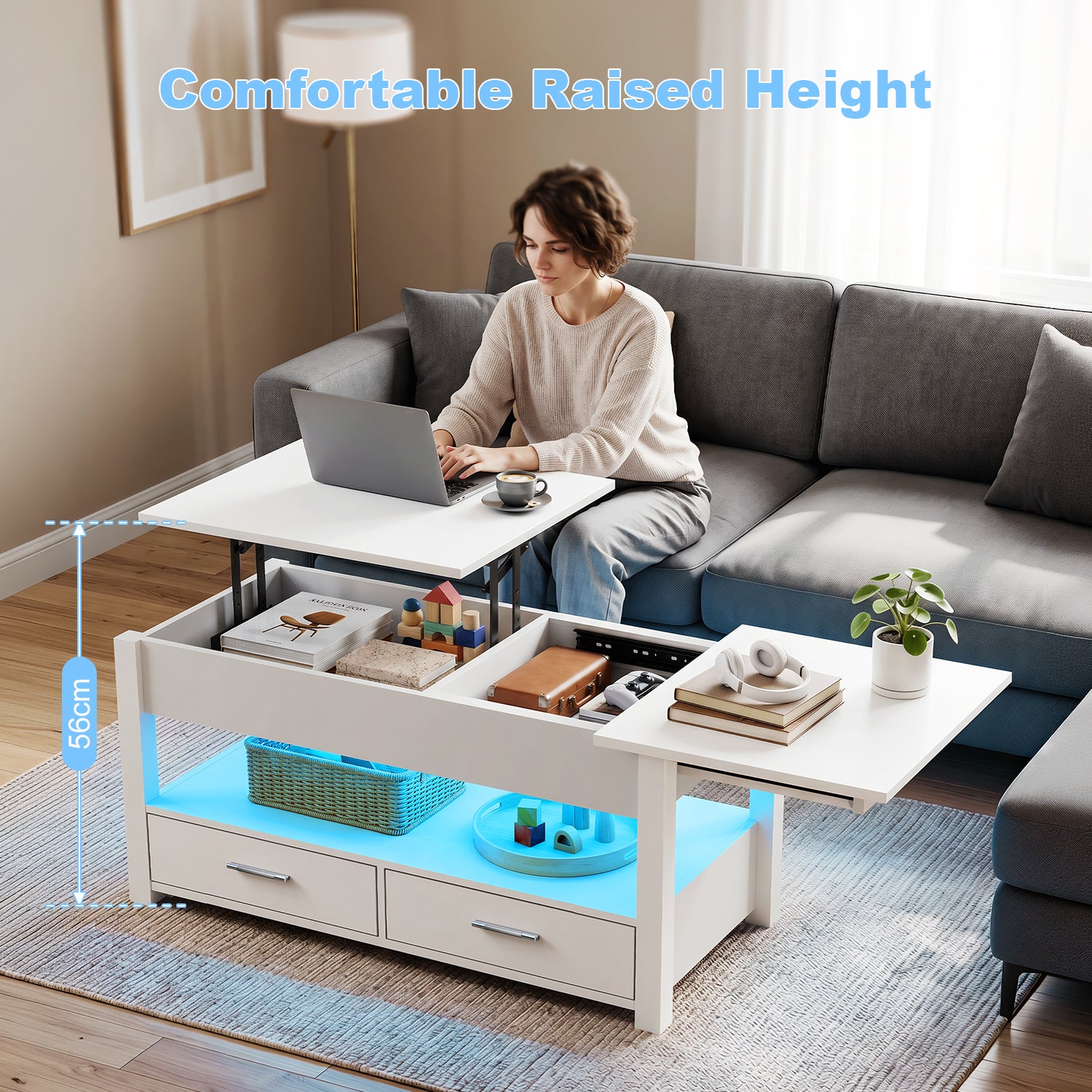 OYAJIA Modern LED Lift-Top Coffee Table with 2 Drawers, Open Storage and App Control