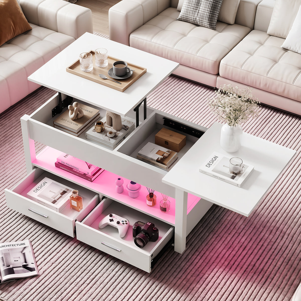 Table basse moderne OYAJIA avec plateau relevable, éclairage LED, 2 tiroirs, rangement ouvert et commande par application