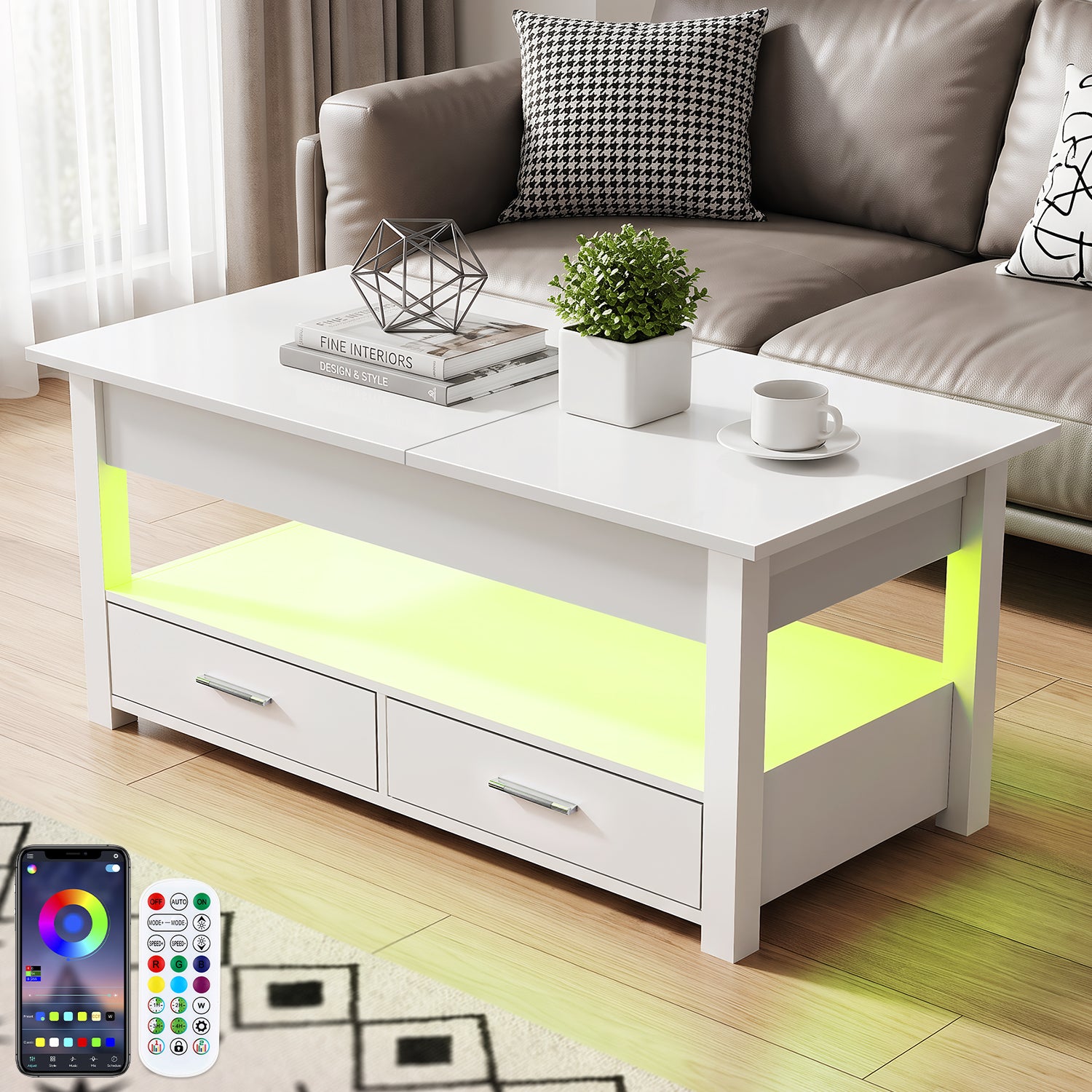 Table basse moderne OYAJIA avec plateau relevable, éclairage LED, 2 tiroirs, rangement ouvert et commande par application