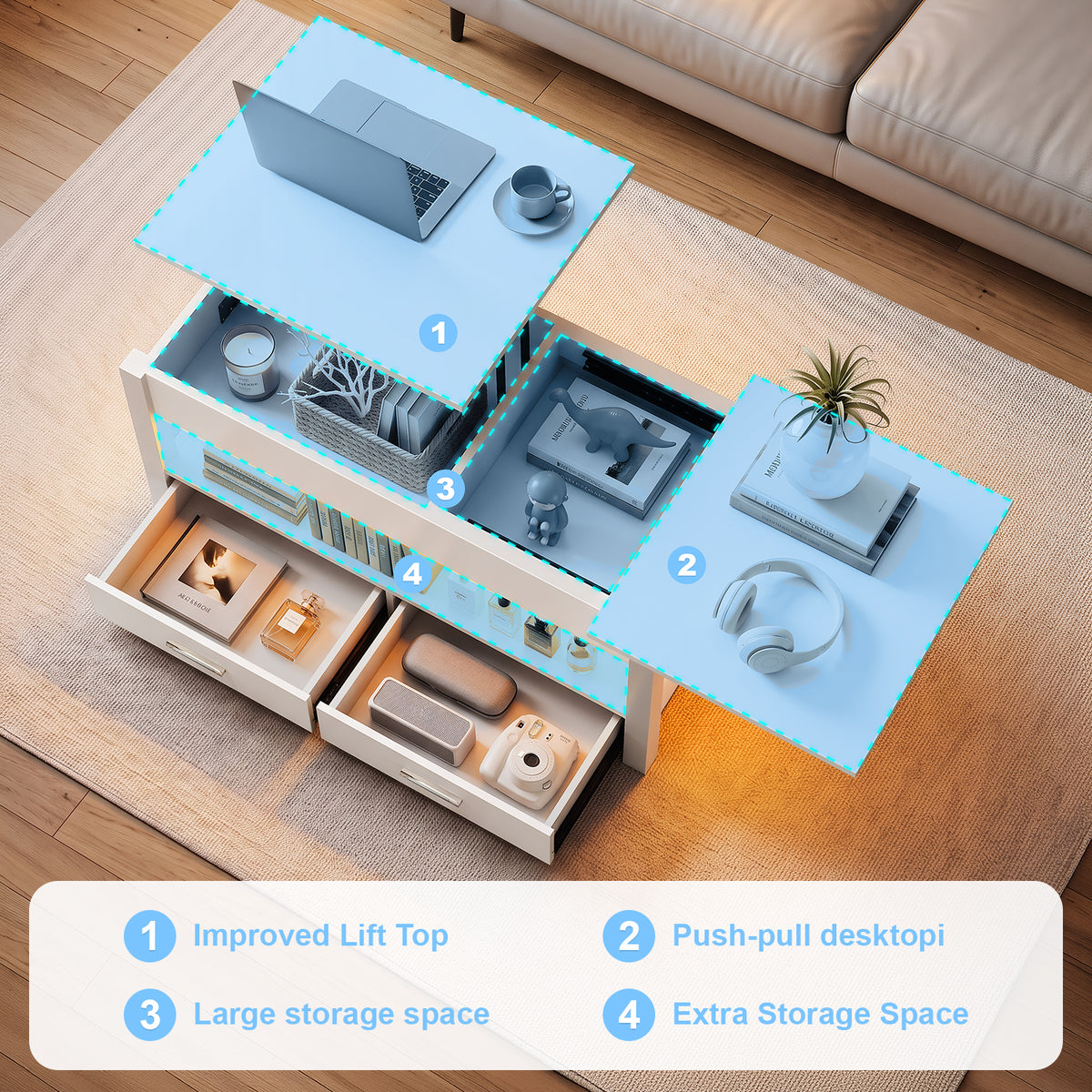 OYAJIA Modern LED Lift-Top Coffee Table with 2 Drawers, Open Storage and App Control