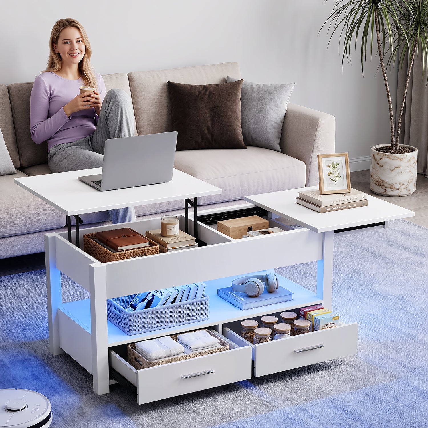 OYAJIA Modern LED Lift-Top Coffee Table with 2 Drawers, Open Storage and App Control