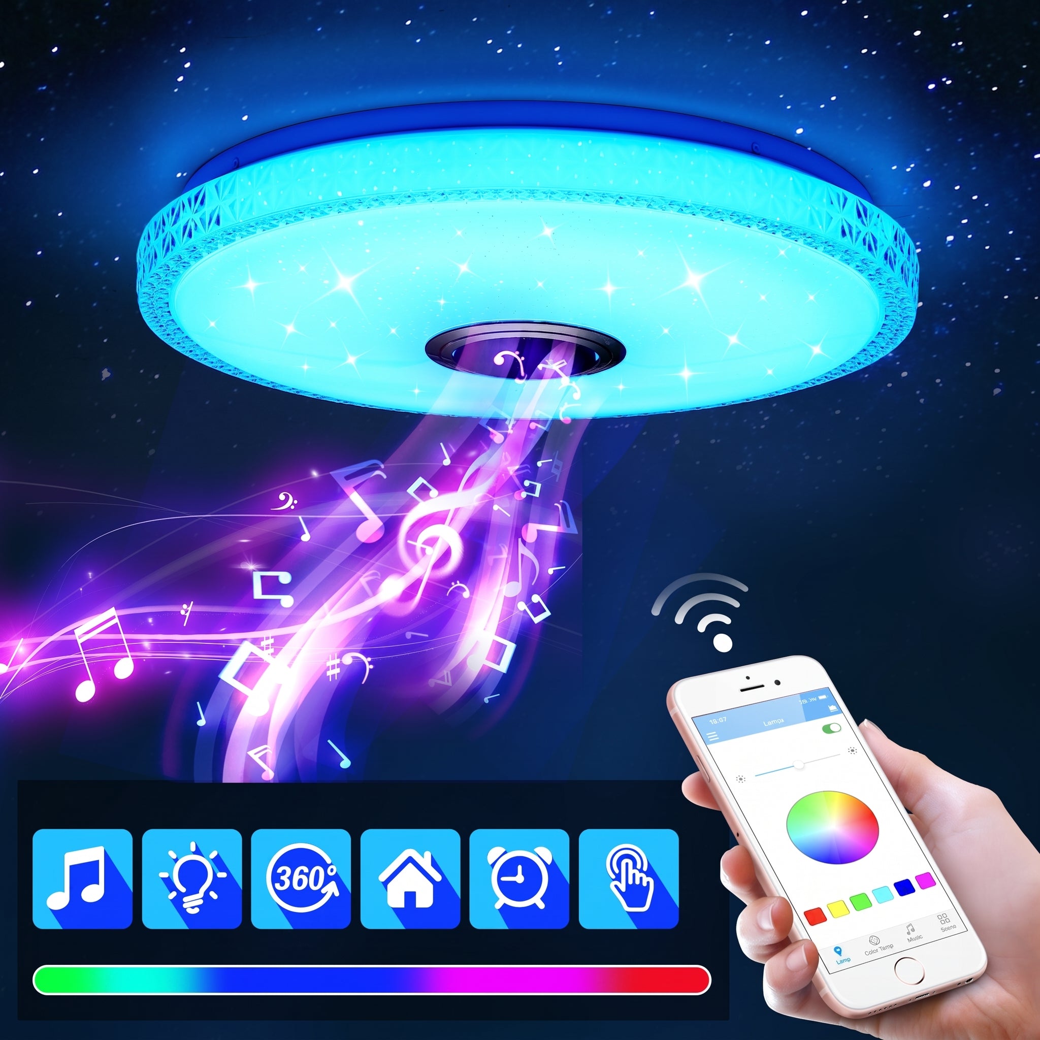 OYAJIA 40W Crystal LED Ceiling Light with Bluetooth Speaker, RGB and Remote