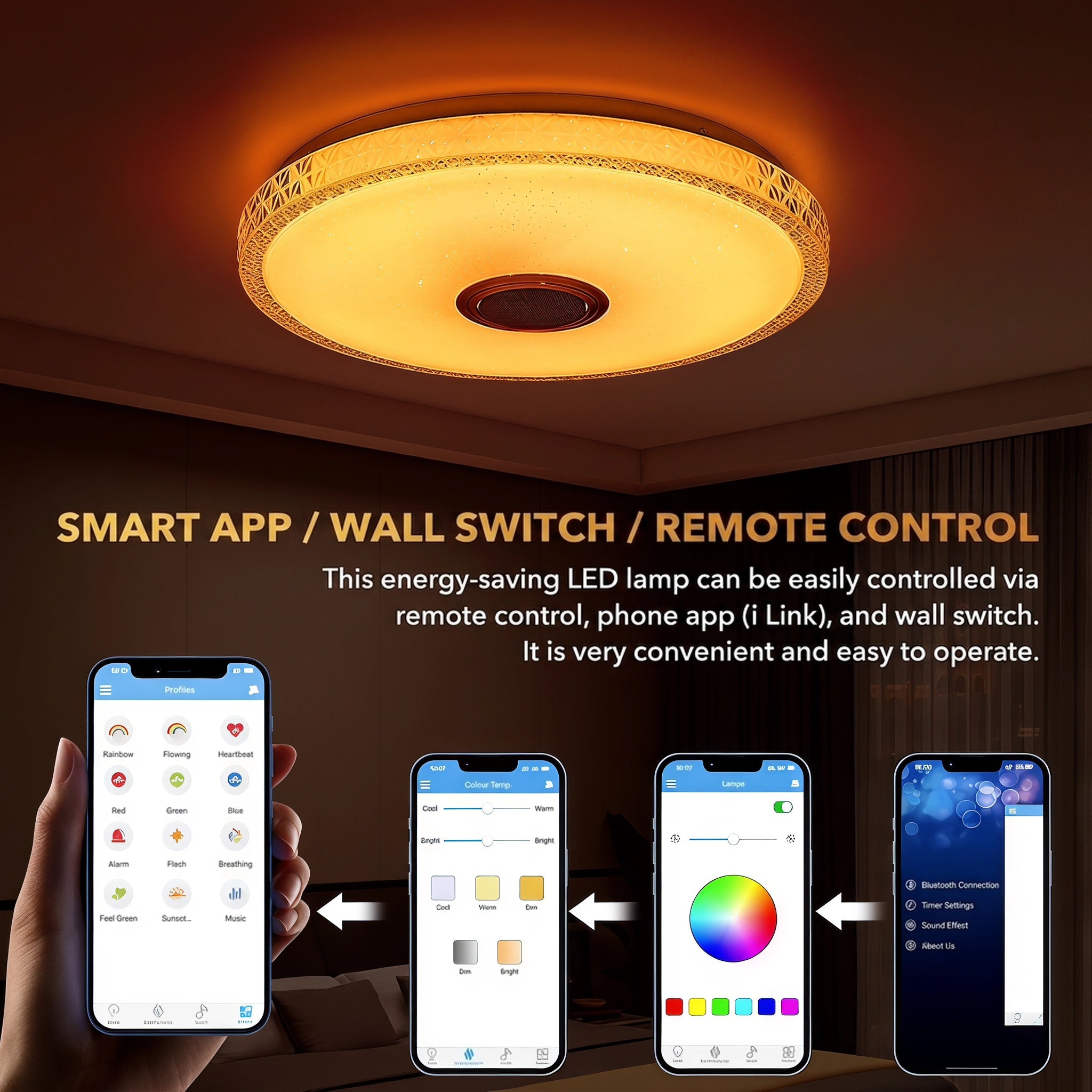 OYAJIA 40W Crystal LED Ceiling Light with Bluetooth Speaker, RGB and Remote