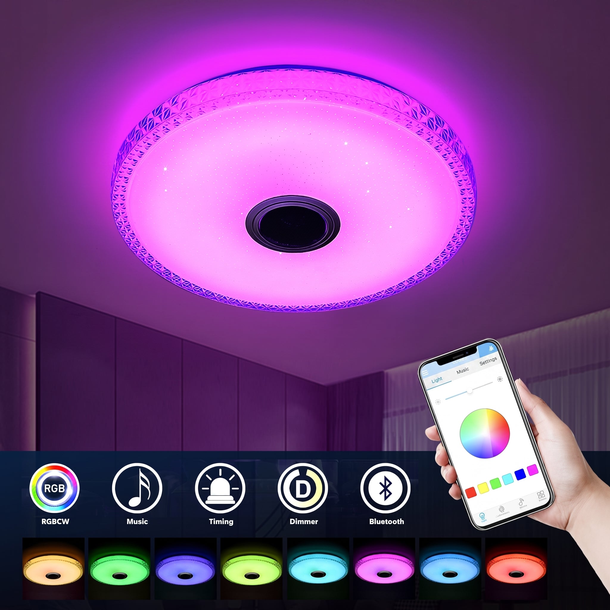 OYAJIA 40W Crystal LED Ceiling Light with Bluetooth Speaker, RGB and Remote