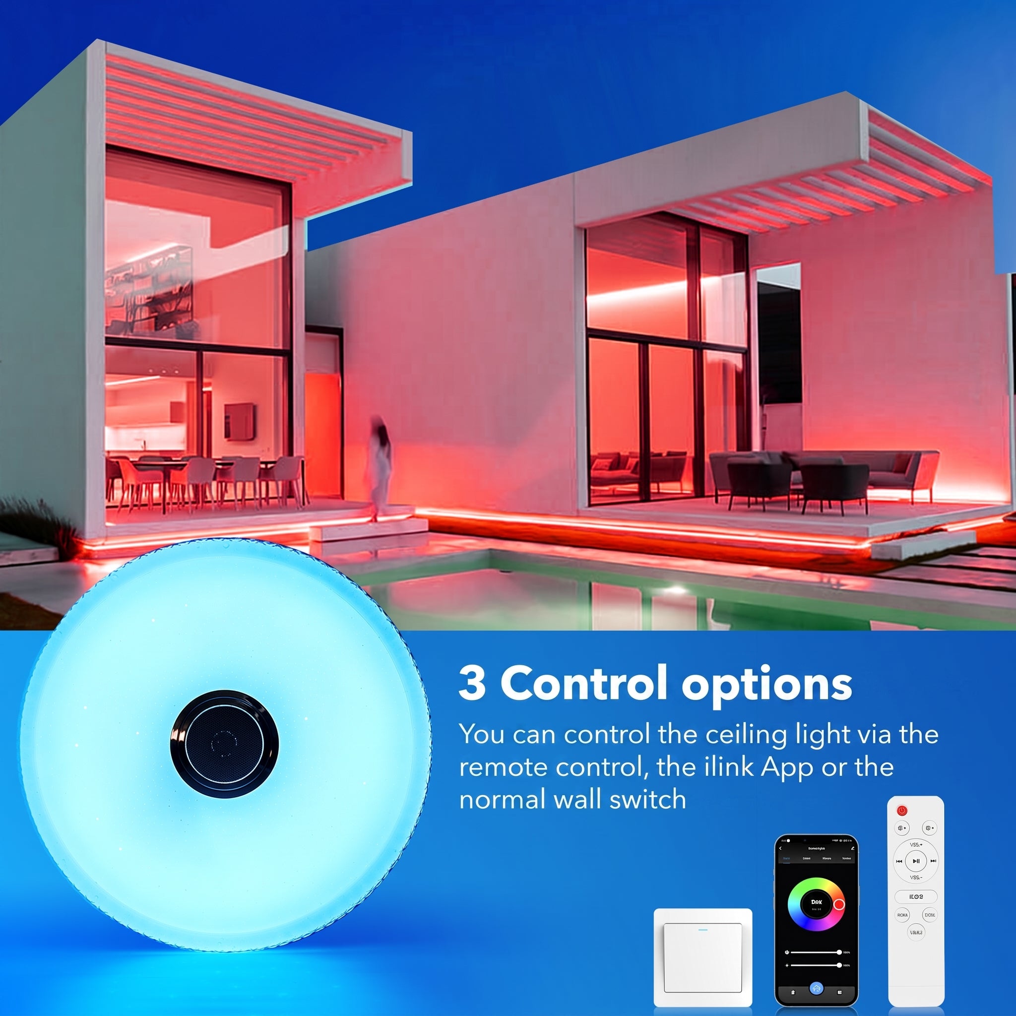 OYAJIA 40W Crystal LED Ceiling Light with Bluetooth Speaker, RGB and Remote