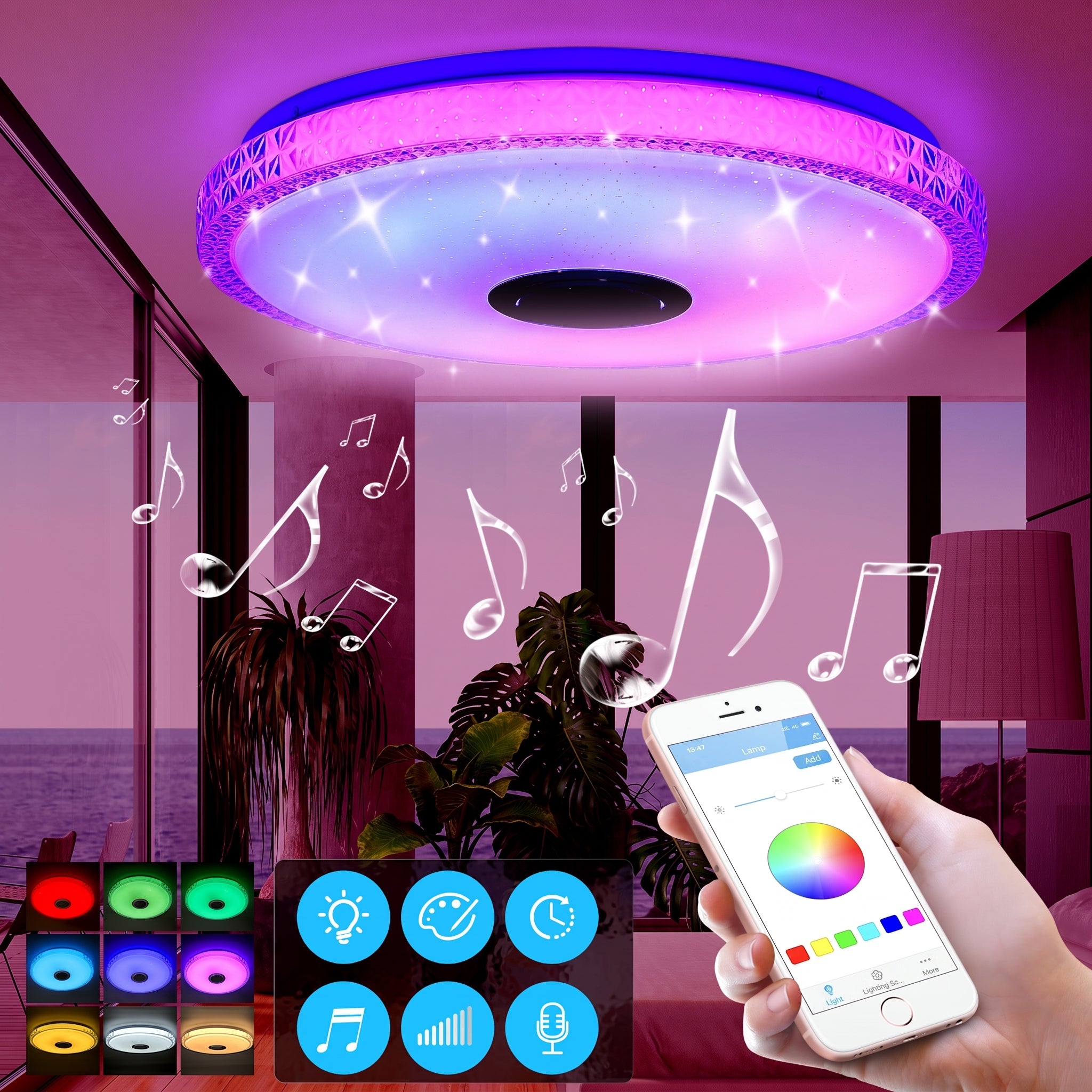 OYAJIA 40W Crystal LED Ceiling Light with Bluetooth Speaker, RGB and Remote