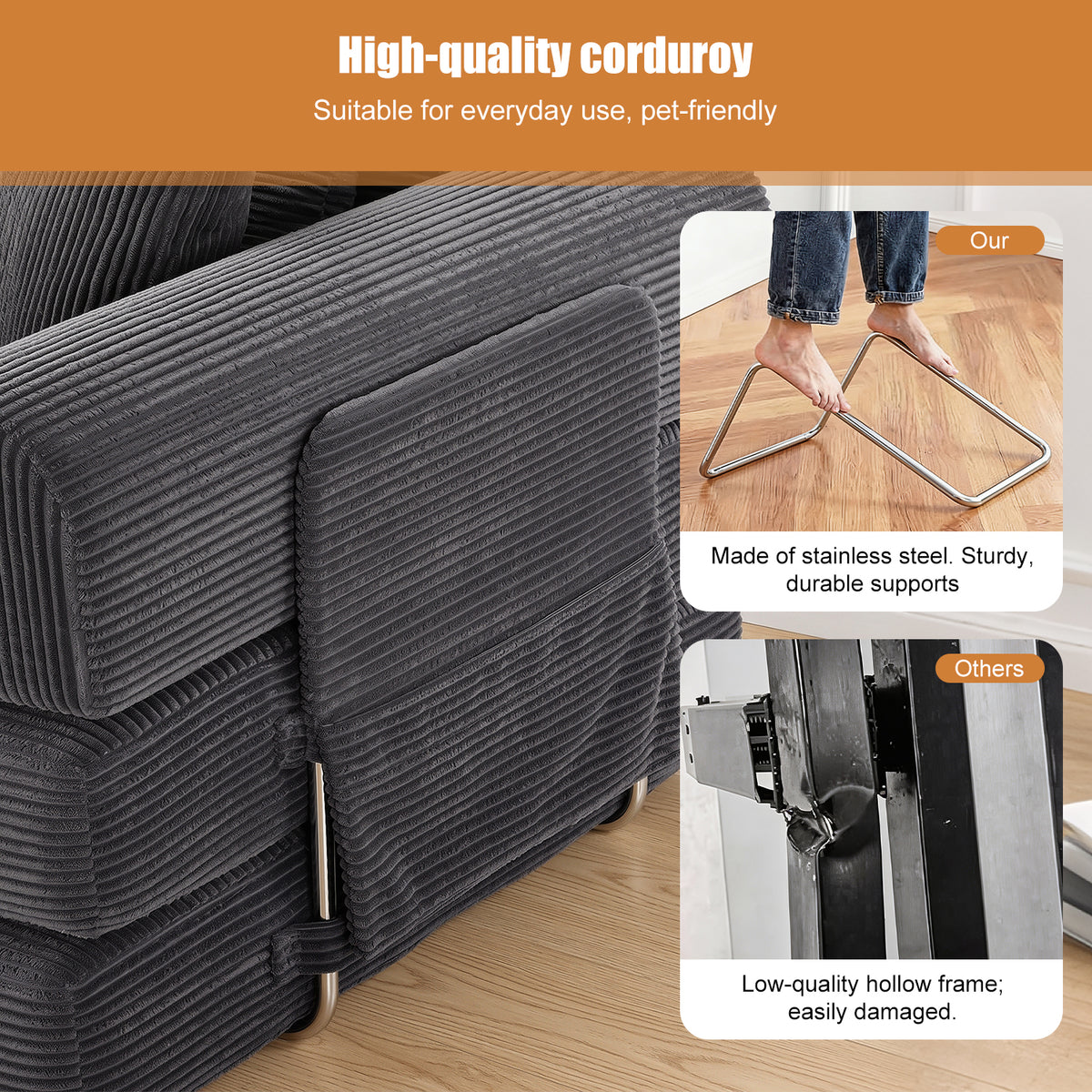 OYAJIA Boneless Corduroy Sofa Bed with High Backrest & Lumbar Support