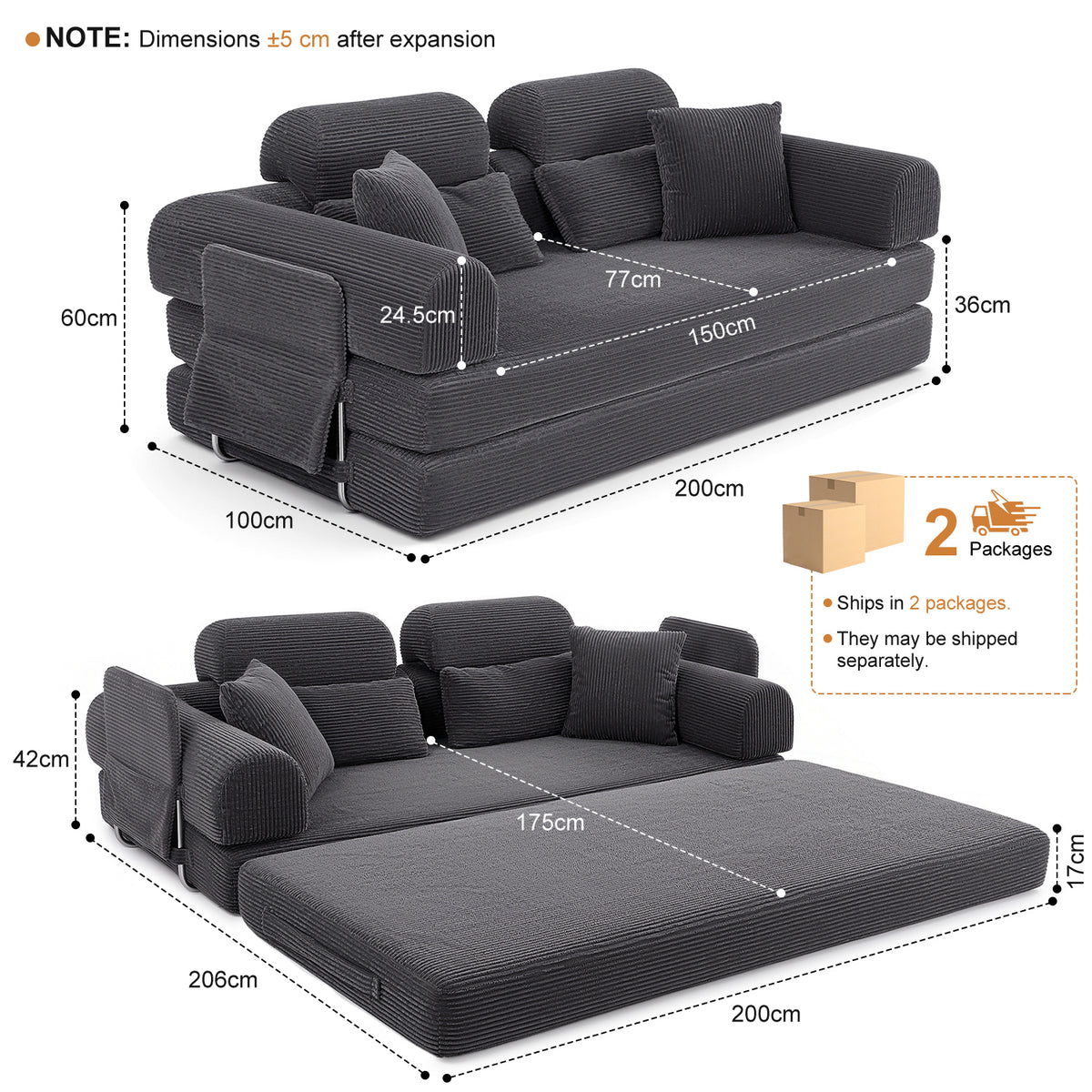OYAJIA Boneless Corduroy Sofa Bed with High Backrest & Lumbar Support