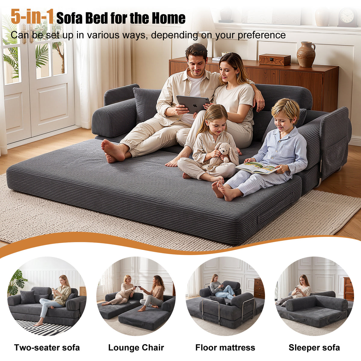OYAJIA Boneless Corduroy Sofa Bed with High Backrest & Lumbar Support
