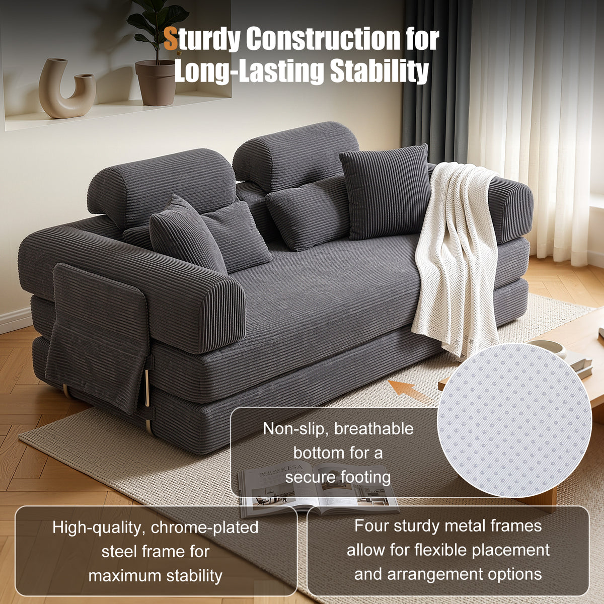 OYAJIA Boneless Corduroy Sofa Bed with High Backrest & Lumbar Support