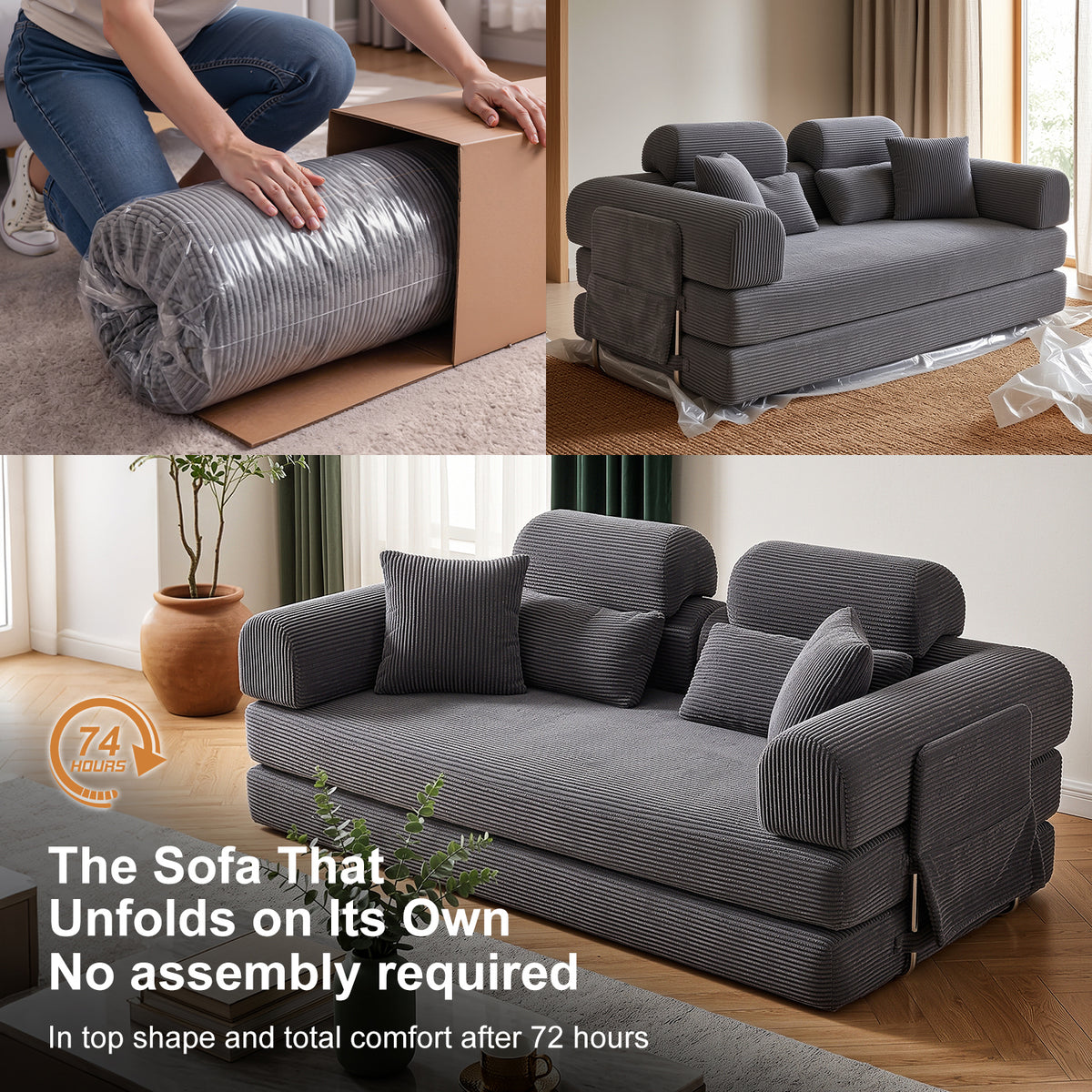 OYAJIA Boneless Corduroy Sofa Bed with High Backrest & Lumbar Support