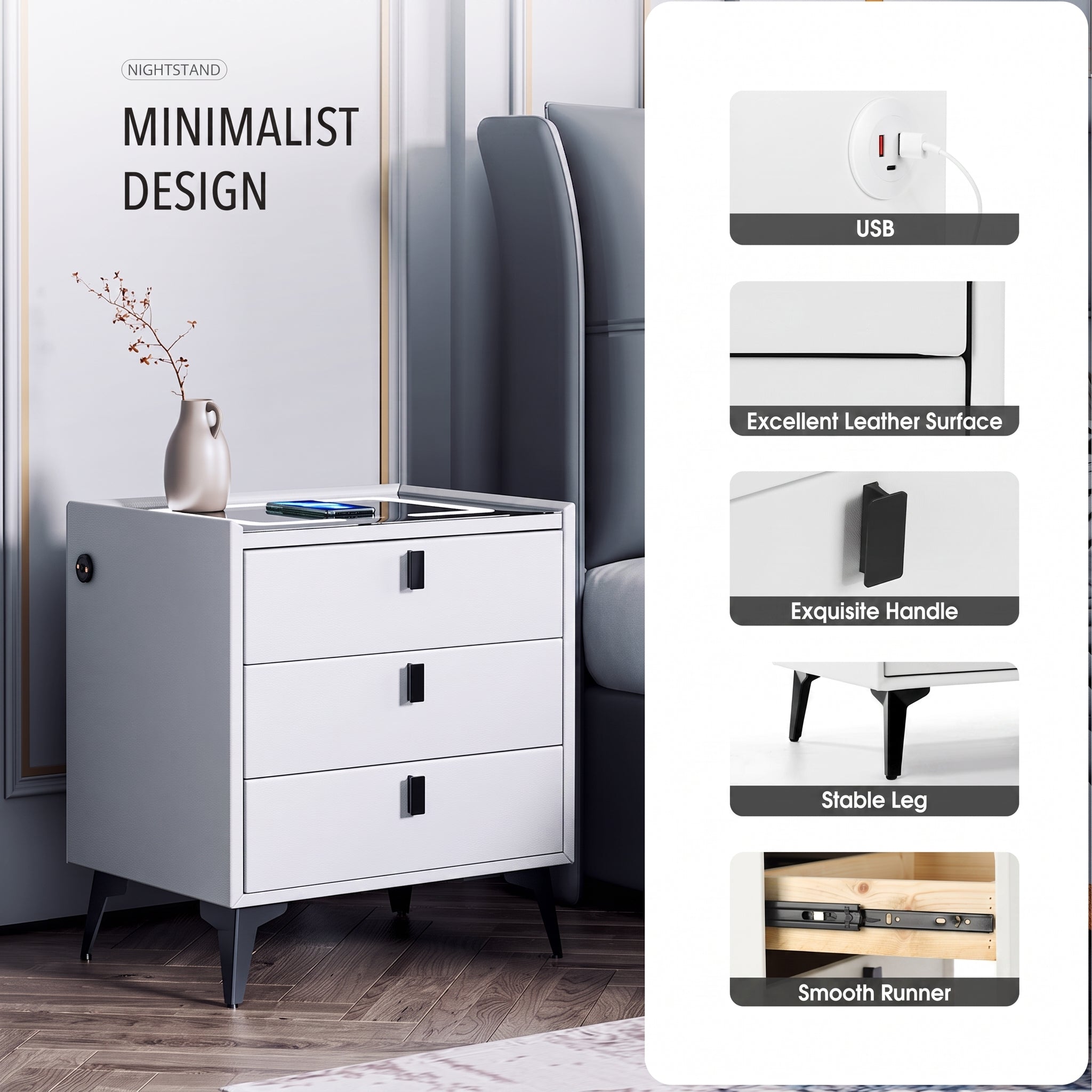 OYAJIA Modern Bedside Table with Storage for Bedroom