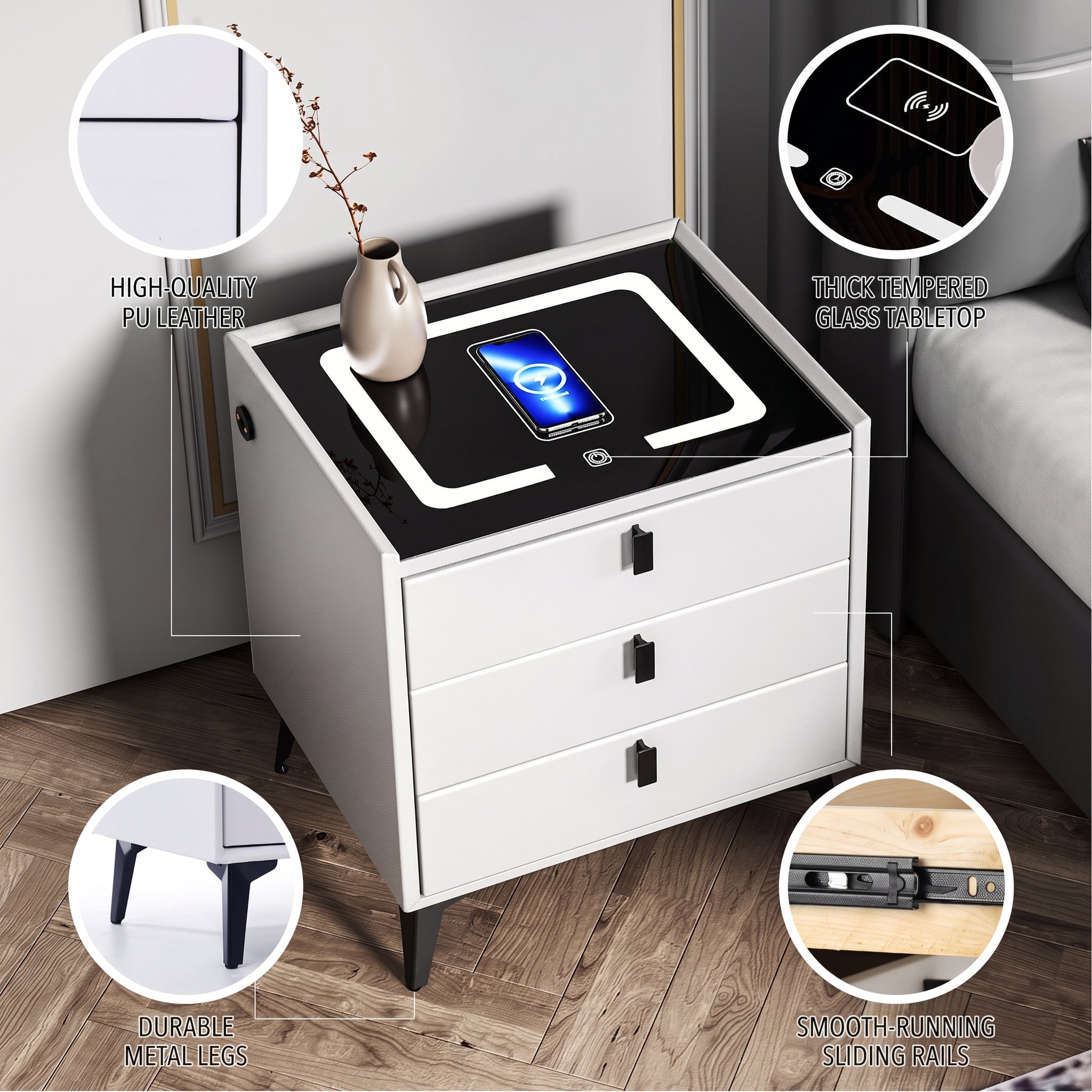 OYAJIA Modern Bedside Table with Storage for Bedroom