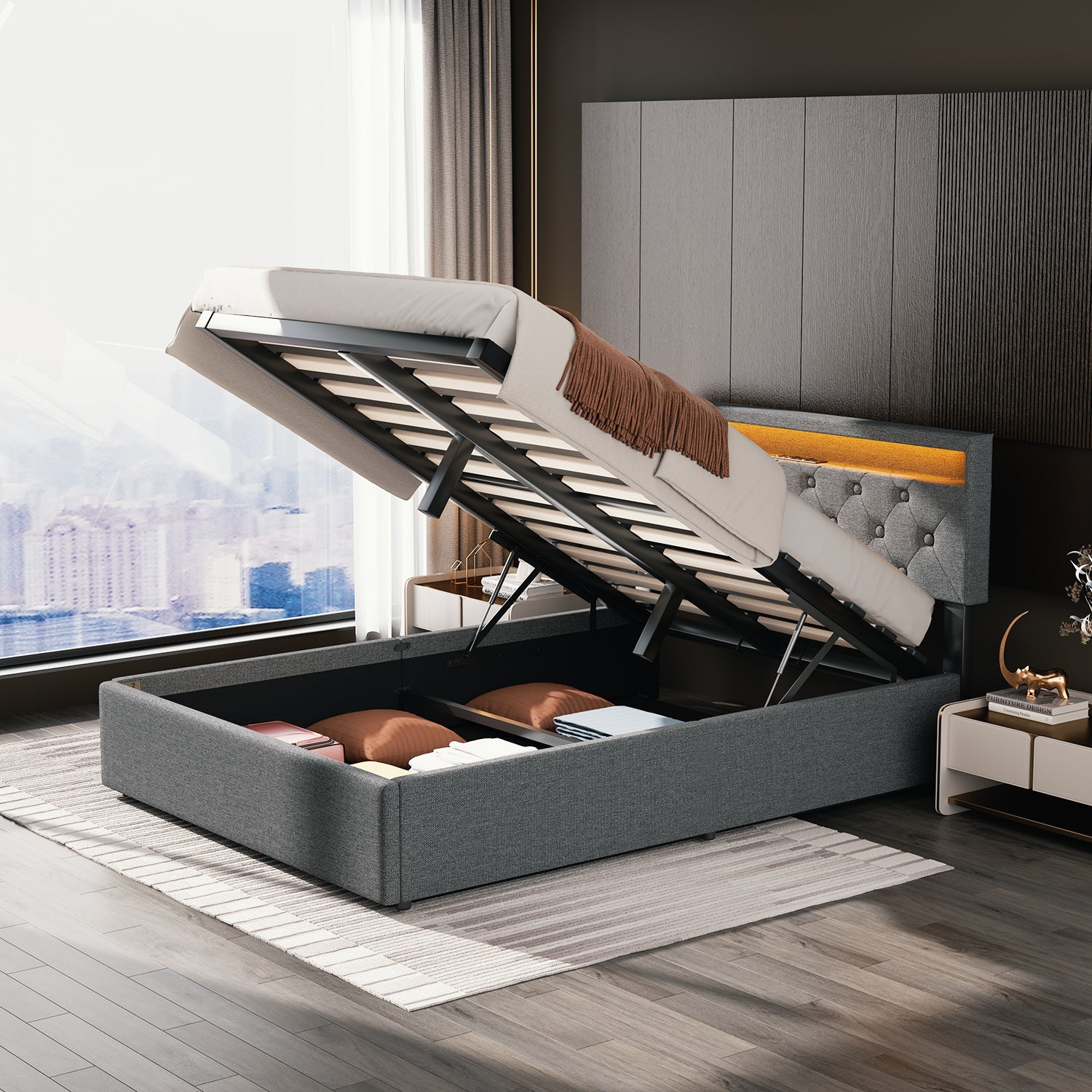 OYAJIA Modern Upholstered Bed Frame with Storage for Bedroom