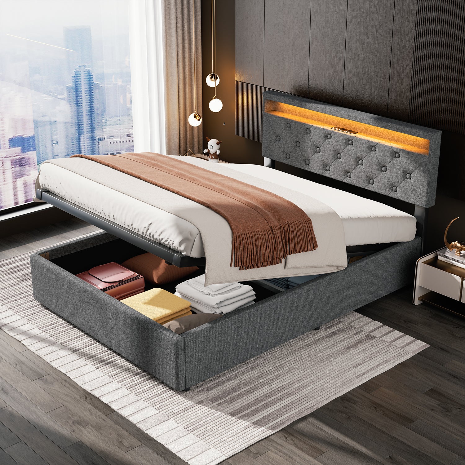 OYAJIA Modern Upholstered Bed Frame with Storage for Bedroom