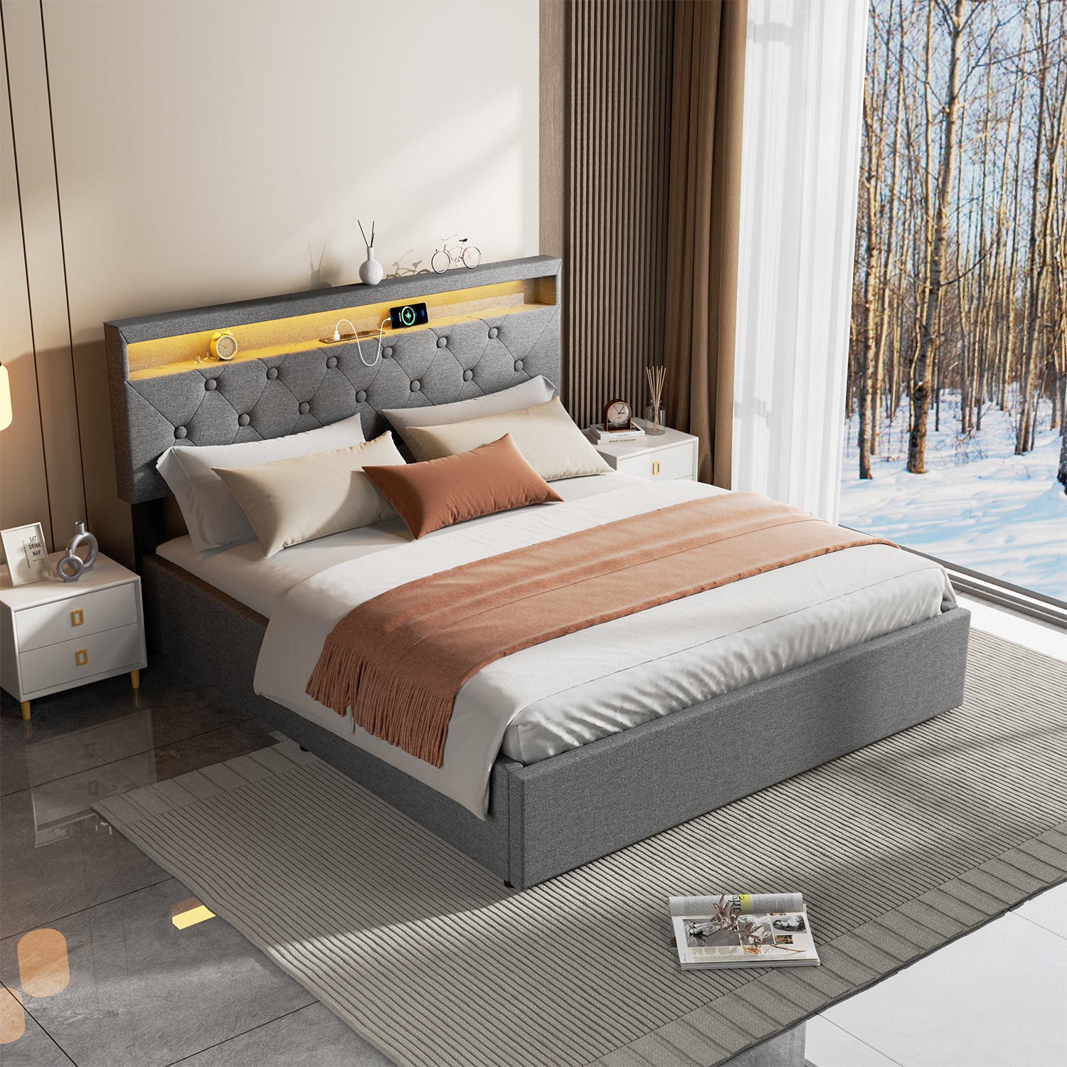 OYAJIA Modern Upholstered Bed Frame with Storage for Bedroom
