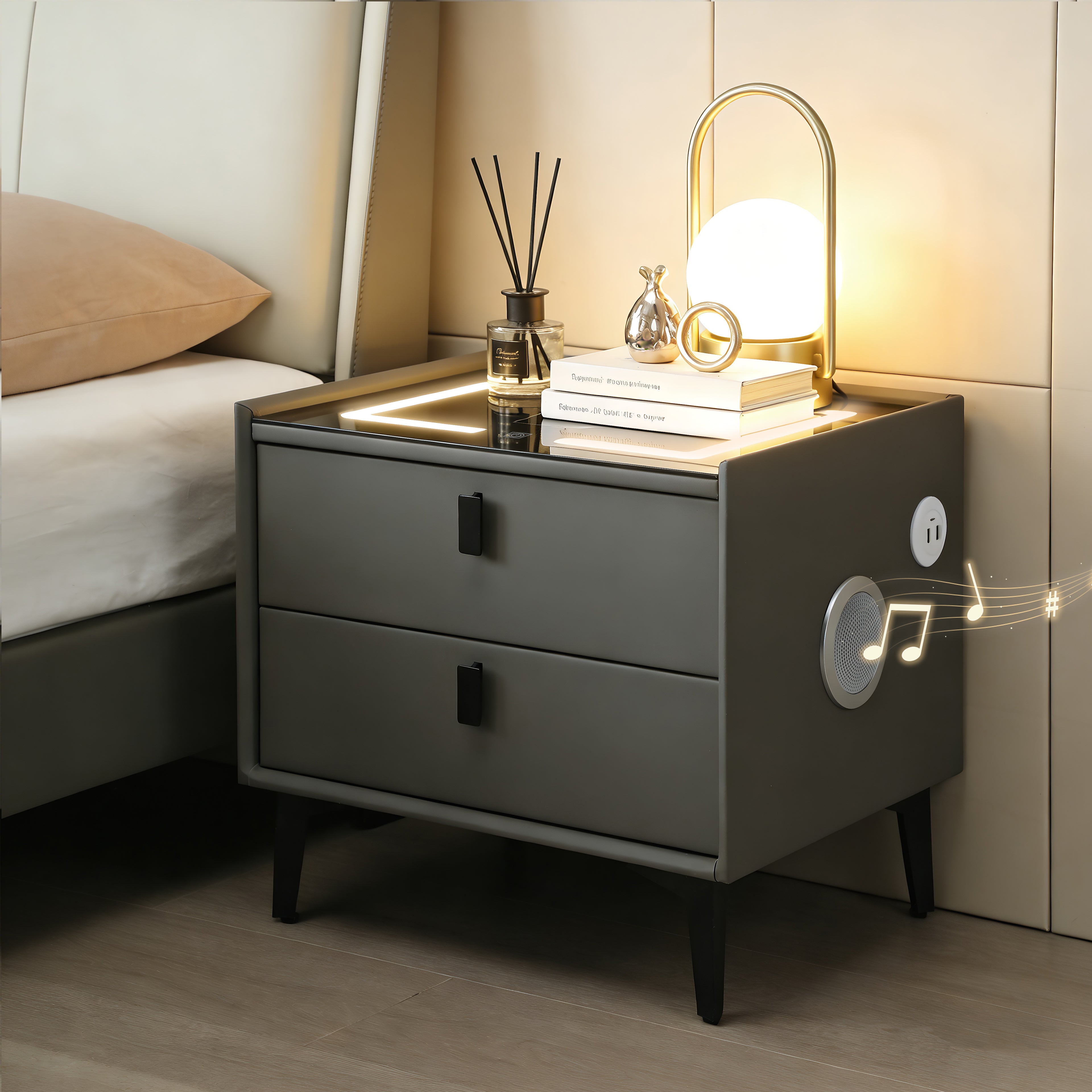 OYAJIA Nightstand with Bluetooth Speaker, USB Port and 2-Tier Storage