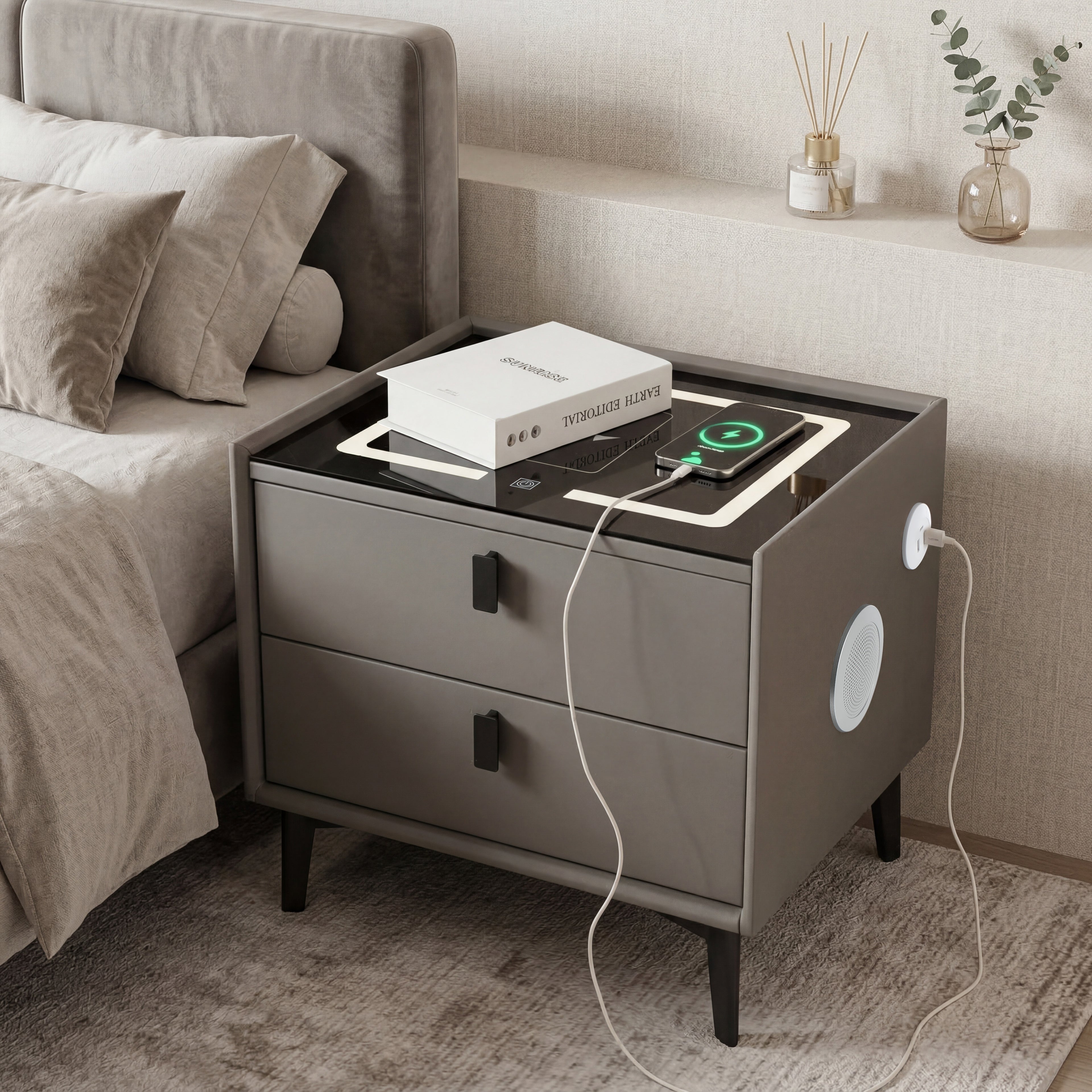 OYAJIA Nachttisch mit Bluetooth-Lautsprecher, USB-Anschluss und 2-stufigem Stauraum