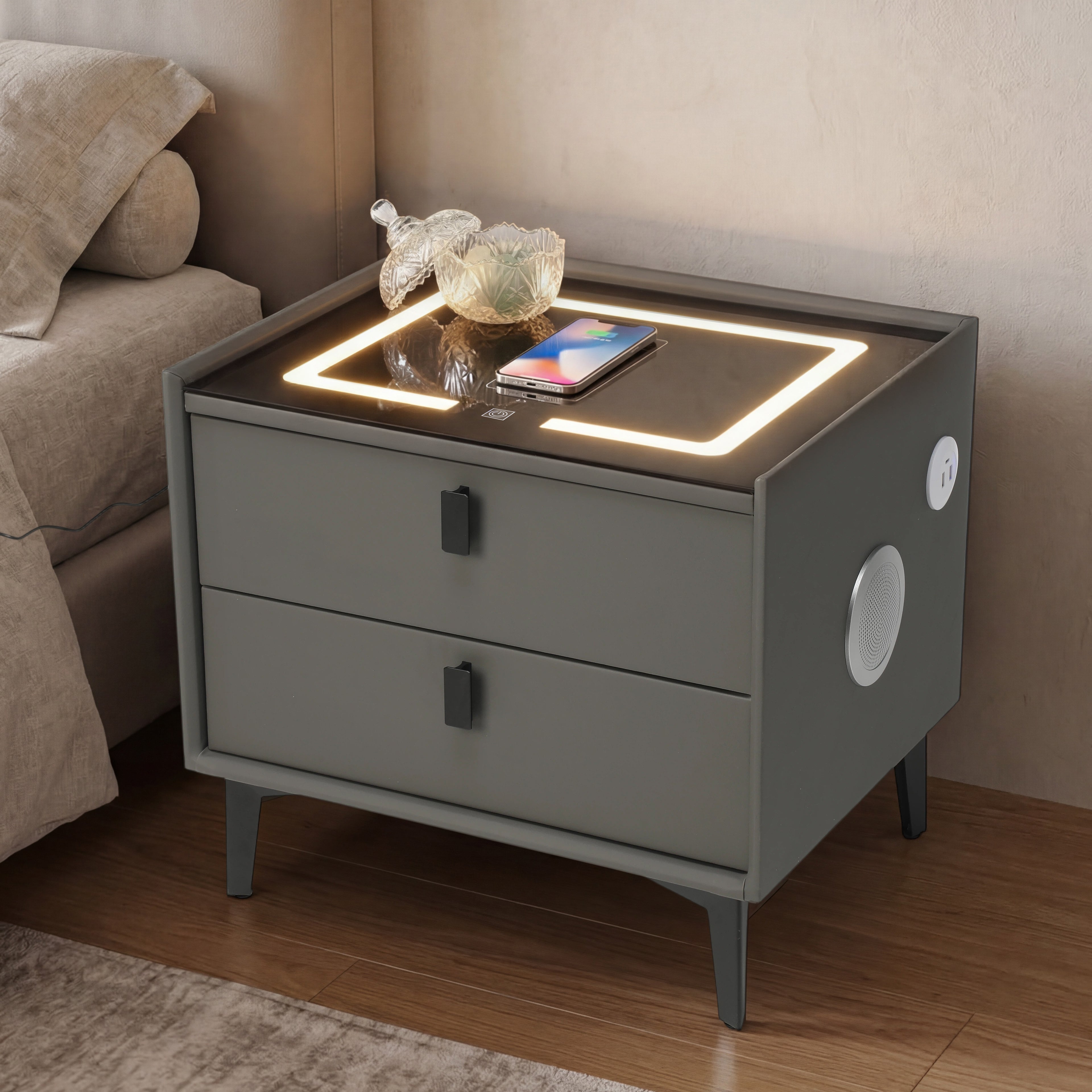 OYAJIA Nightstand with Bluetooth Speaker, USB Port and 2-Tier Storage