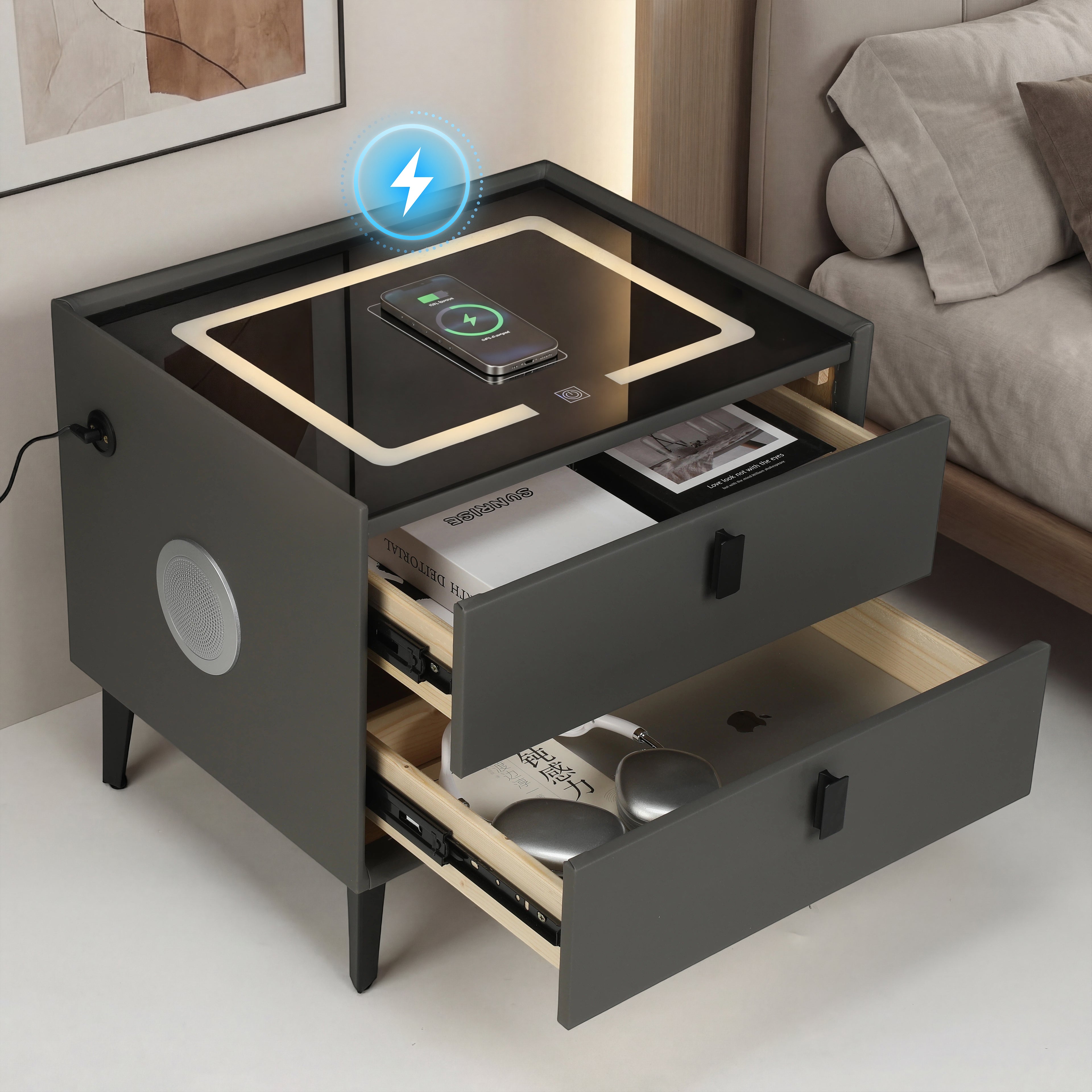 OYAJIA Nachttisch mit Bluetooth-Lautsprecher, USB-Anschluss und 2-stufigem Stauraum