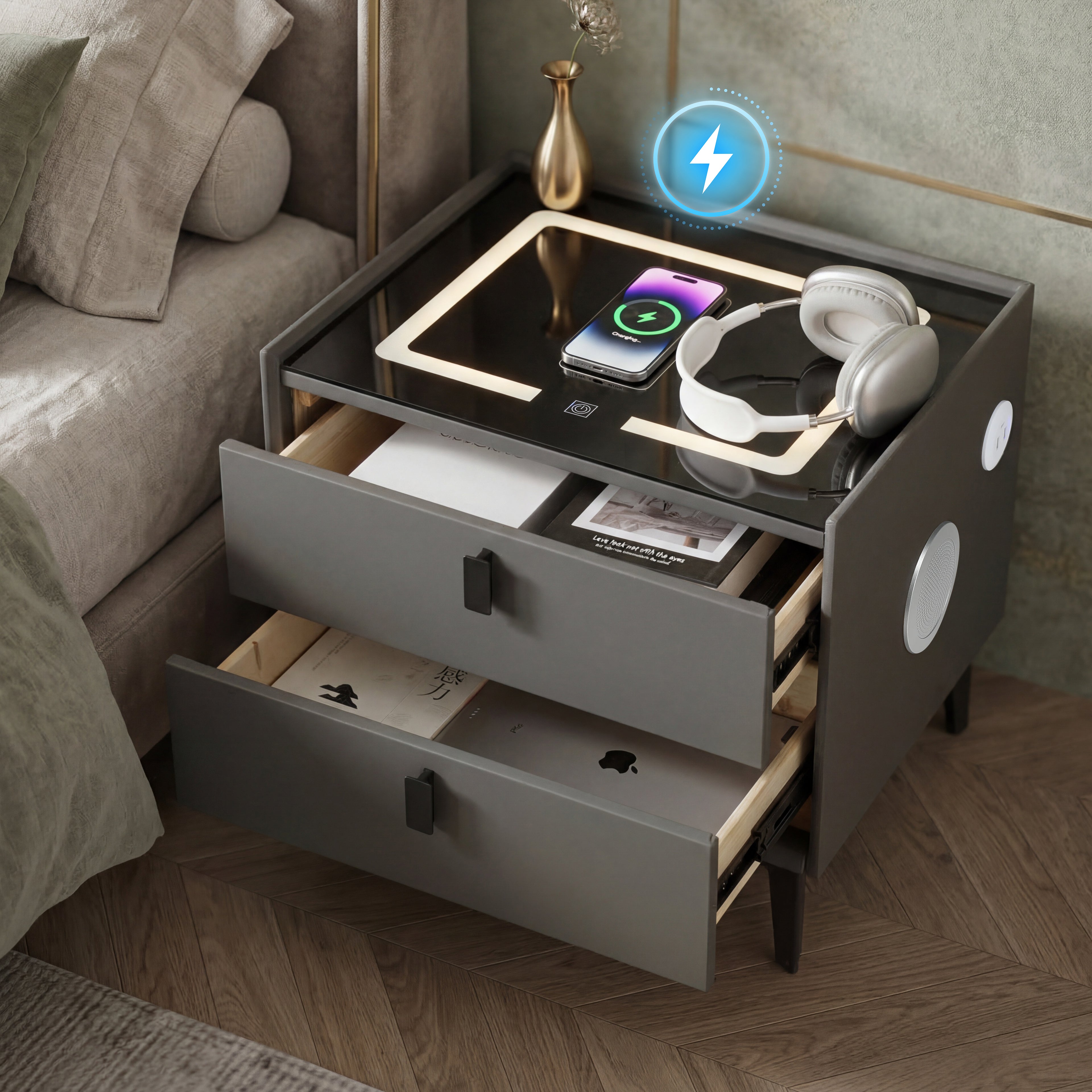 OYAJIA Nachttisch mit Bluetooth-Lautsprecher, USB-Anschluss und 2-stufigem Stauraum