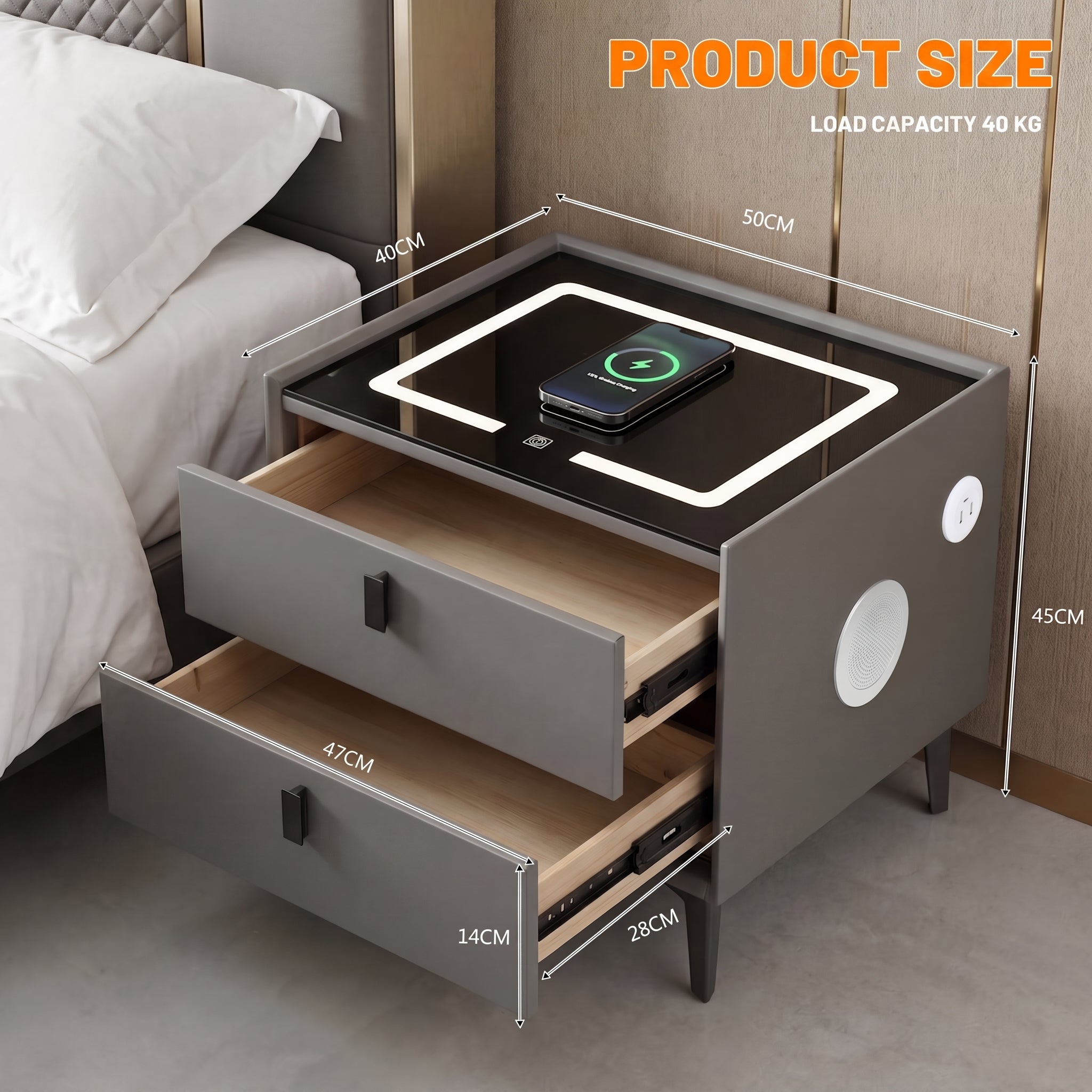 OYAJIA Nachttisch mit Bluetooth-Lautsprecher, USB-Anschluss und 2-stufigem Stauraum