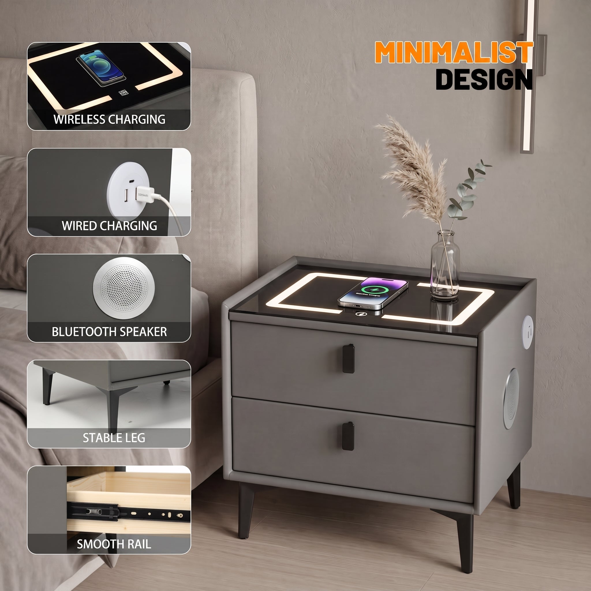 OYAJIA Nachttisch mit Bluetooth-Lautsprecher, USB-Anschluss und 2-stufigem Stauraum