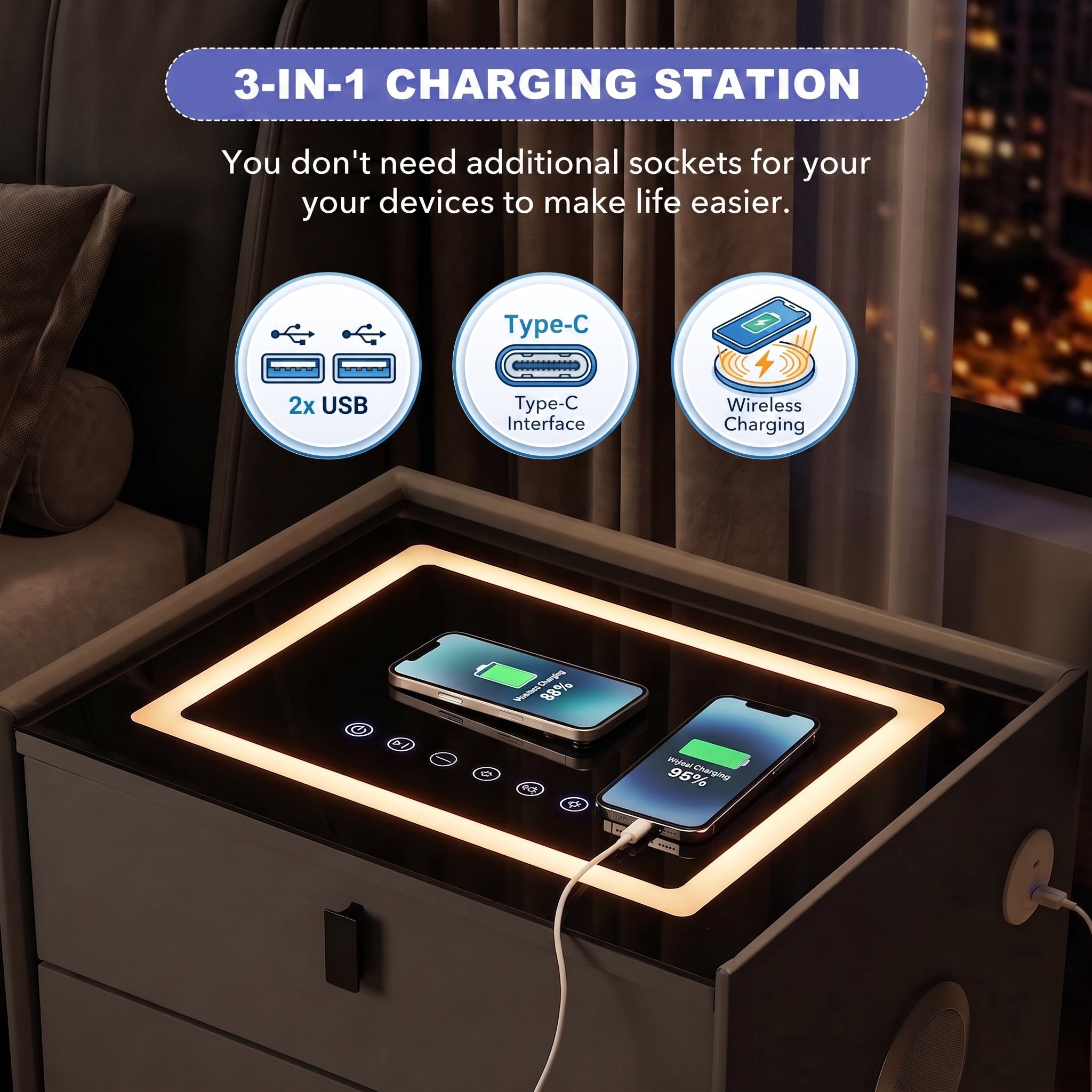 OYAJIA Nightstand with RGB Lighting, Bluetooth Speaker, USB Port and 2-Tier Storage