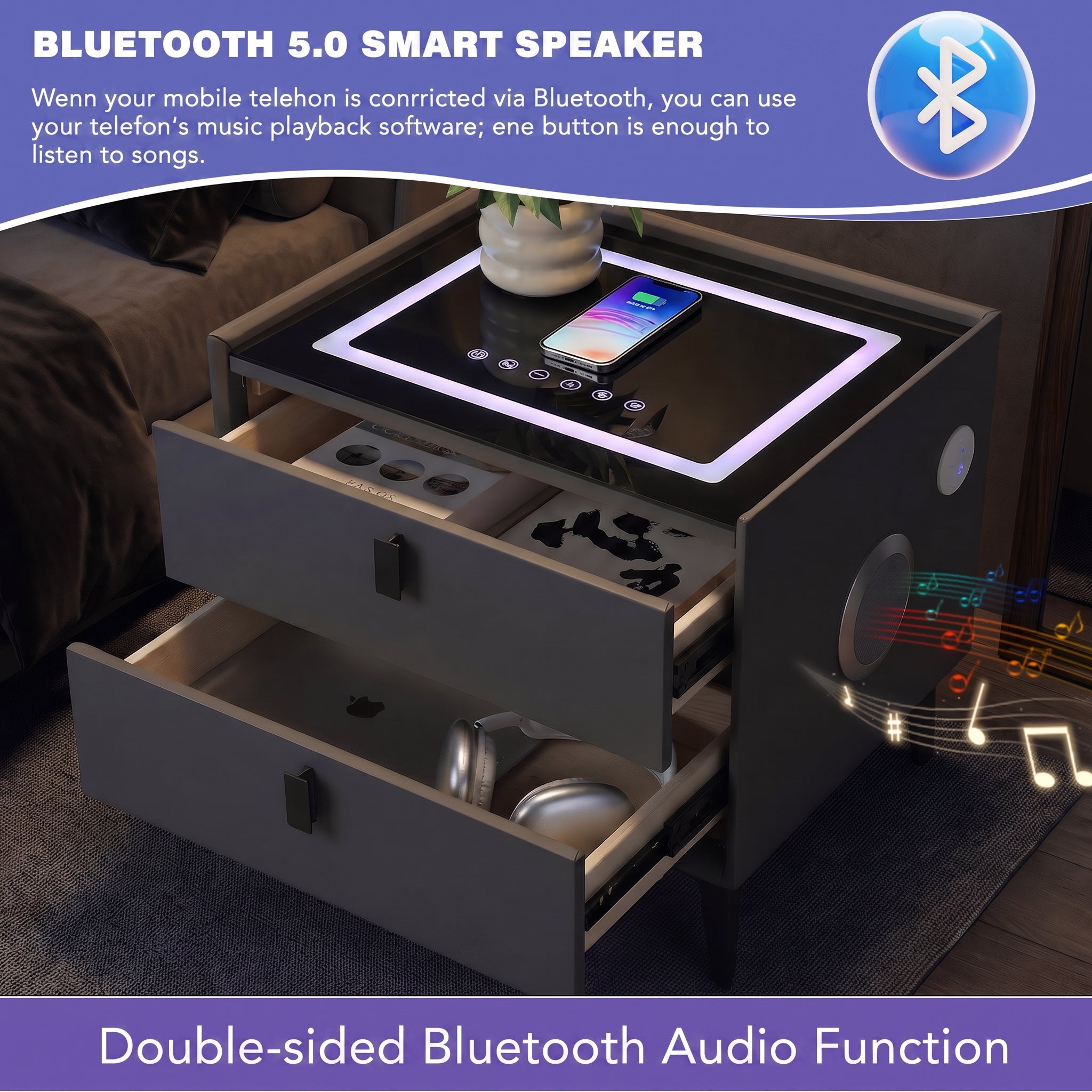 OYAJIA Nightstand with RGB Lighting, Bluetooth Speaker, USB Port and 2-Tier Storage