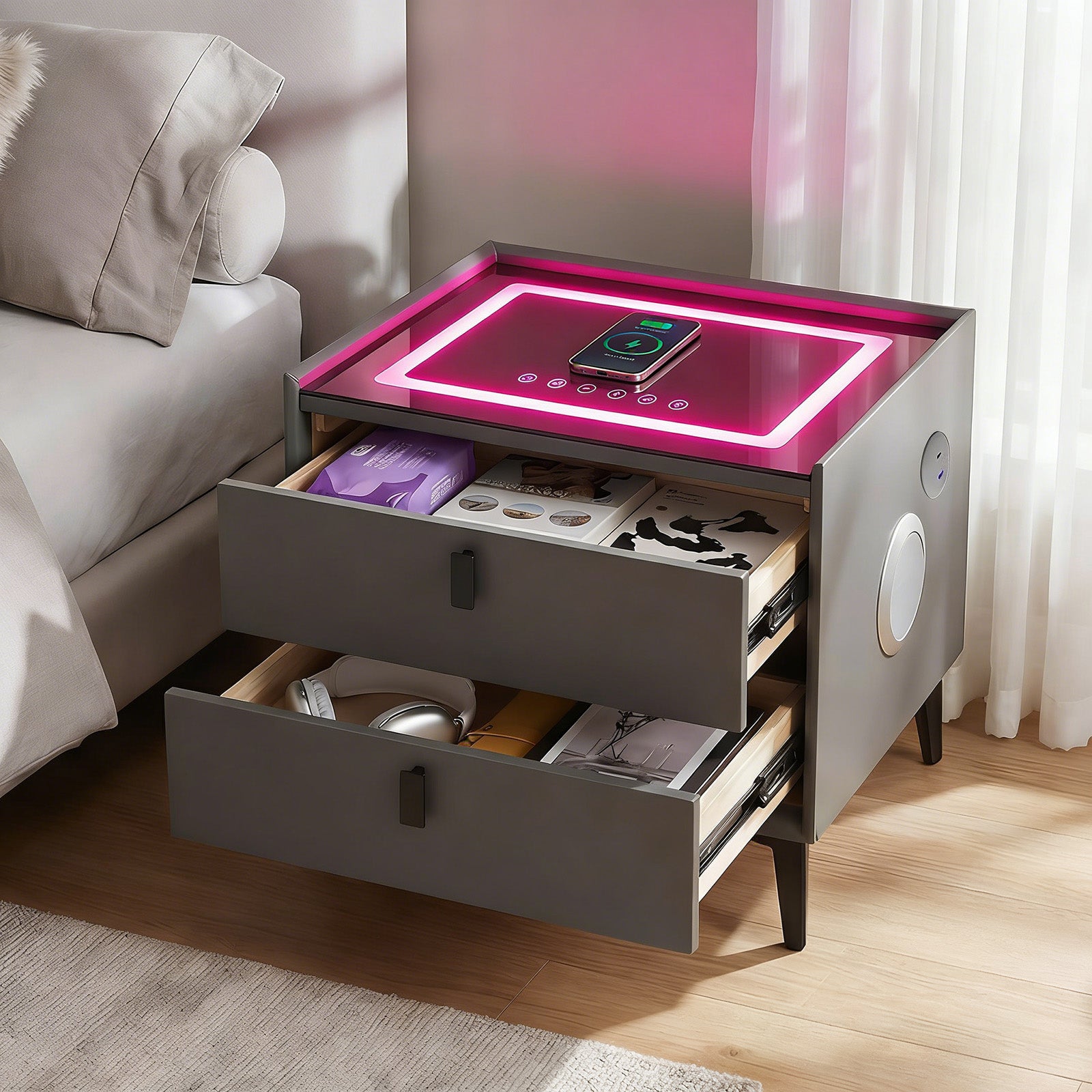 OYAJIA Nightstand with RGB Lighting, Bluetooth Speaker, USB Port and 2-Tier Storage